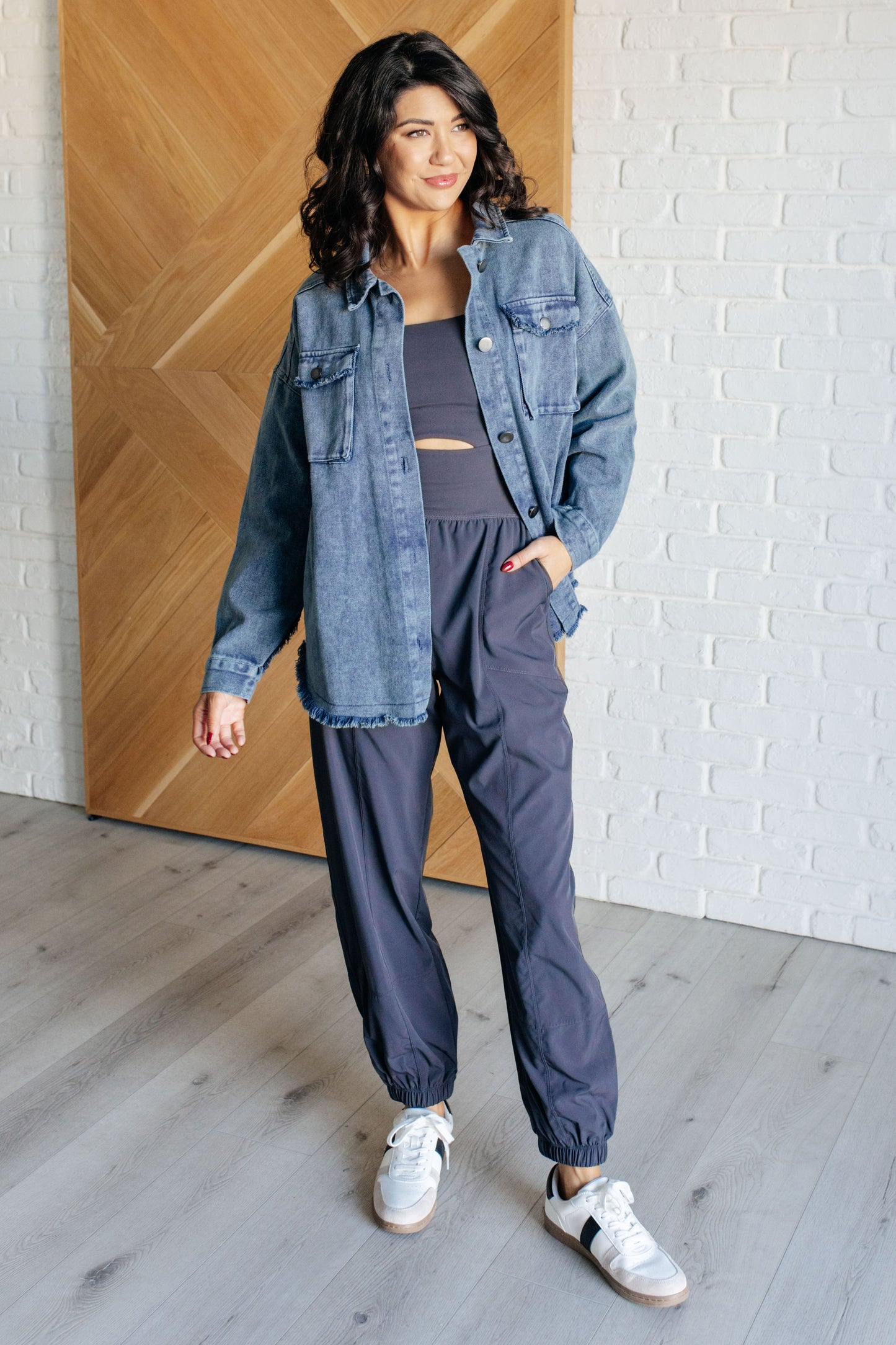 Full body view of Fernanda Mineral Wash Shacket styled with casual outfit highlighting collared neckline and hem.