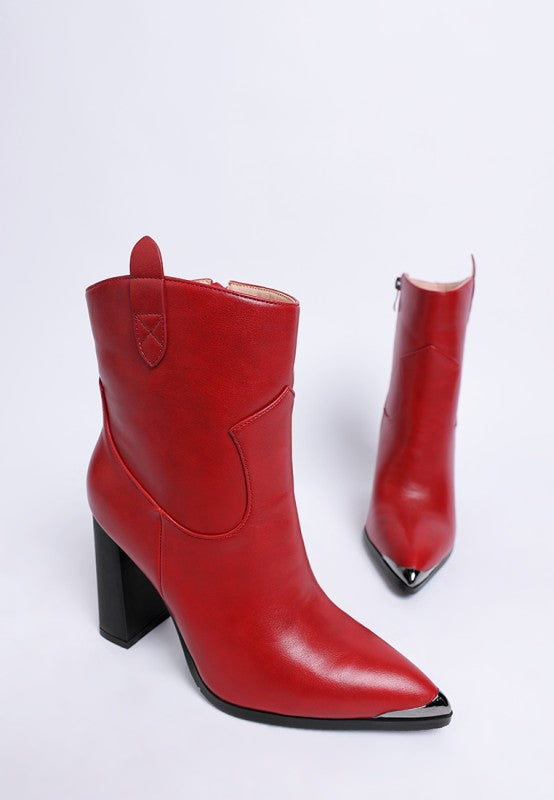 Side angle of Red Hatter Pointed Toe Boots highlighting block heel and zipper closure