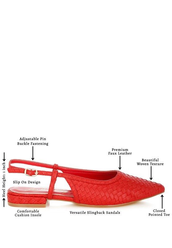 Detail view of red woven slingback sandals with block heel.