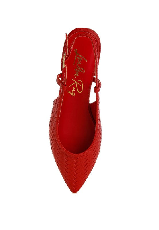 Top view of red slingback sandals with woven design, cushioned insole, and buckle.