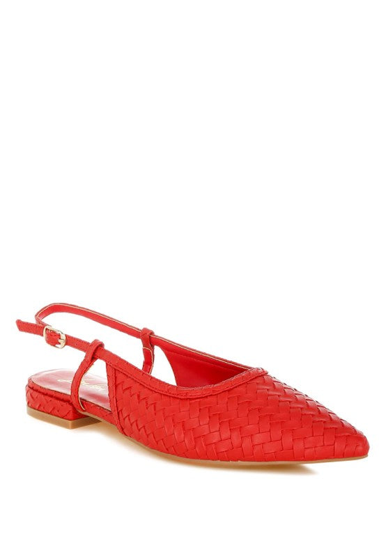 Front view of red woven slingback sandal flats with low block heel and point toe.