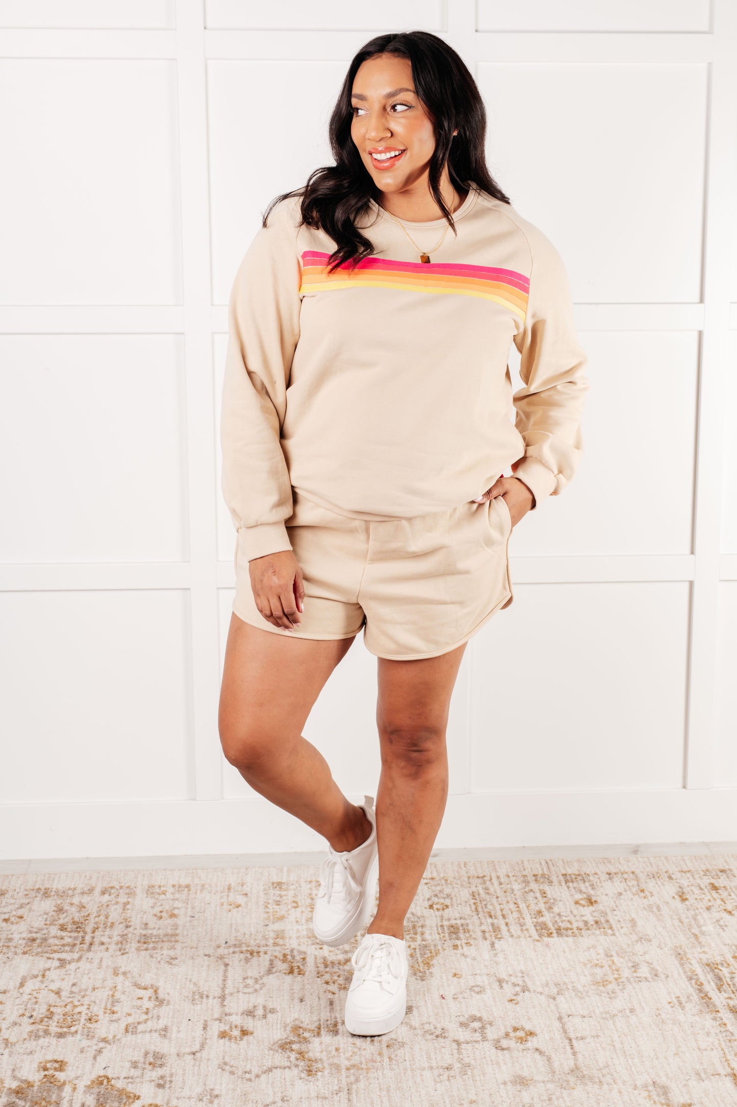 Plus size full body view of Retro Rainbow Shorts Set featuring elastic waist shorts and striped applique top.