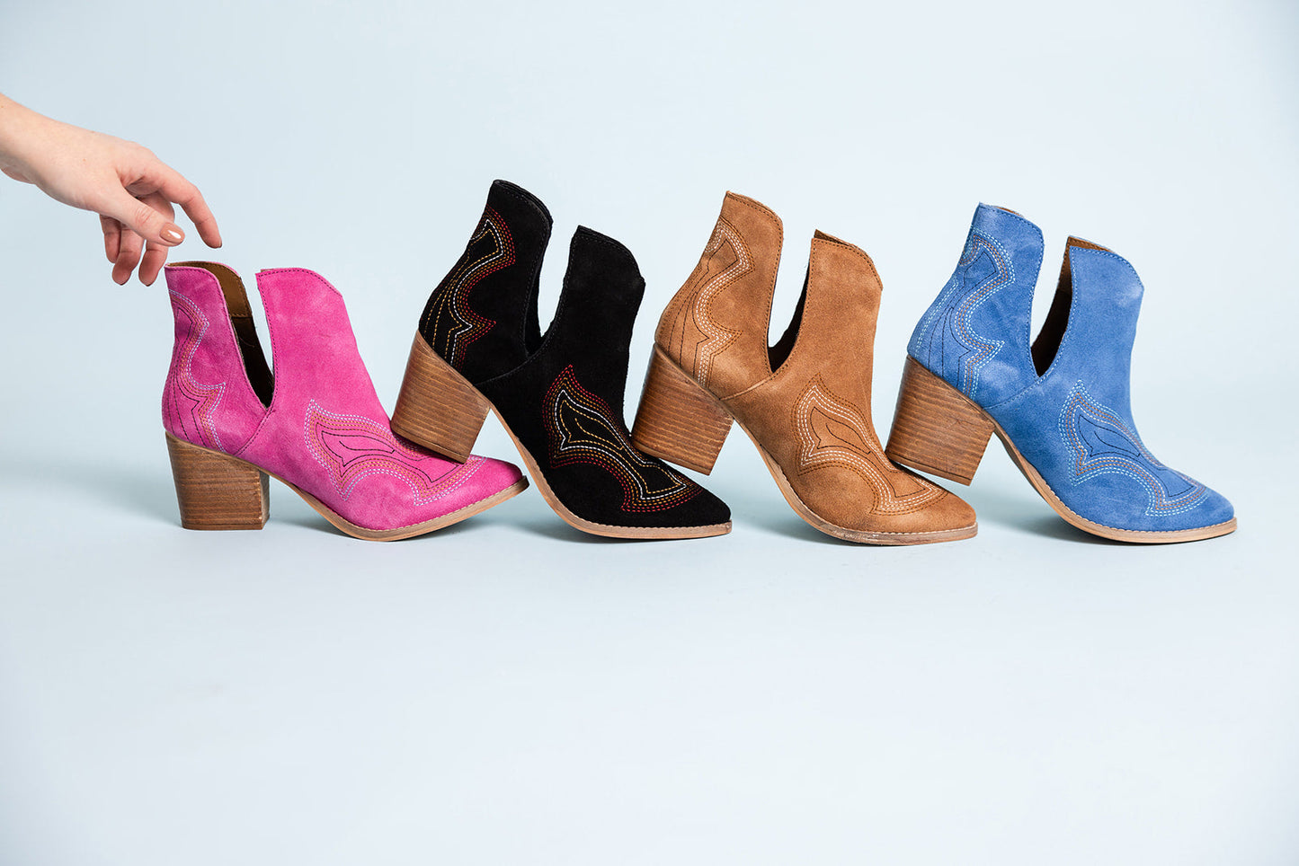 Journee Suede Ankle Boots - Blue, Western Stitching, Cutout Design