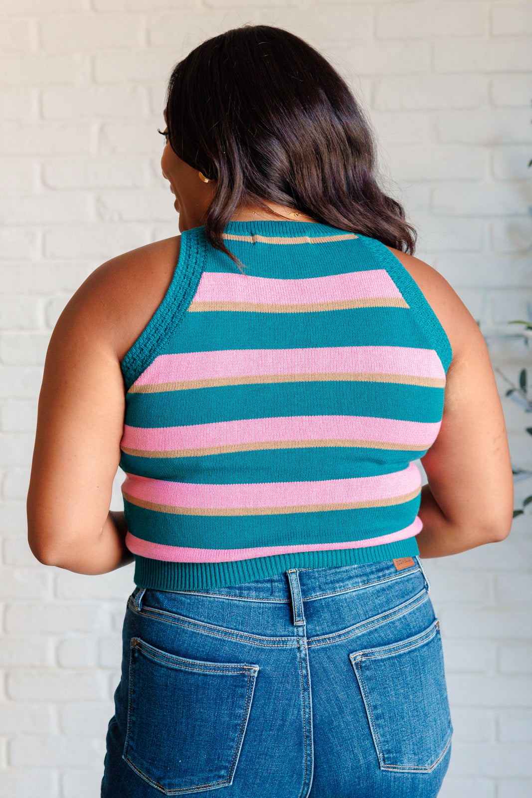 Back View of Plus Size Teal and Pink Cotton Tank β Casual Striped Knitwear for Layering or Solo Style.
