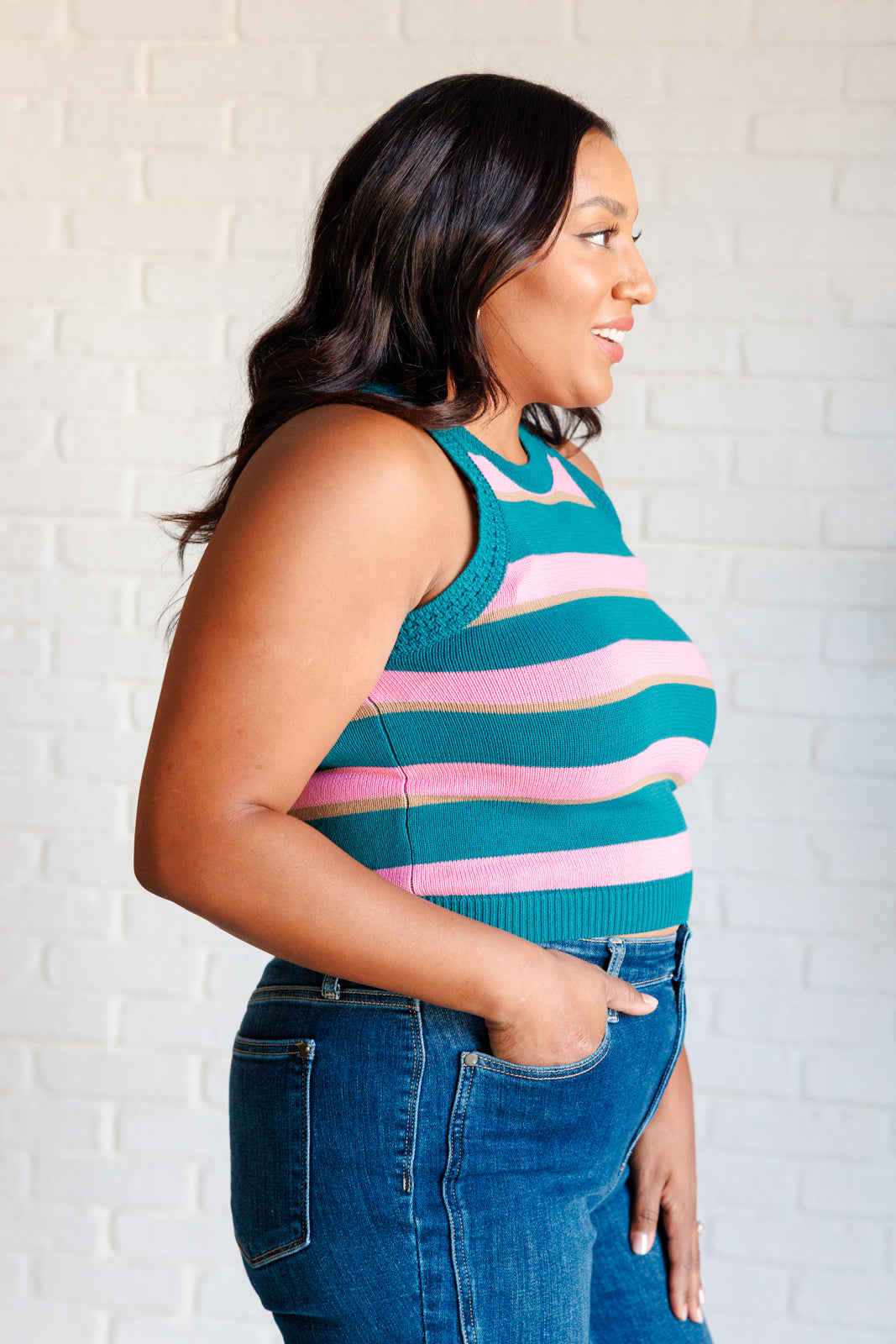 Close-up of Plus Size Percy Knit Tank β Colorful Summer Top for Curvy Figures.