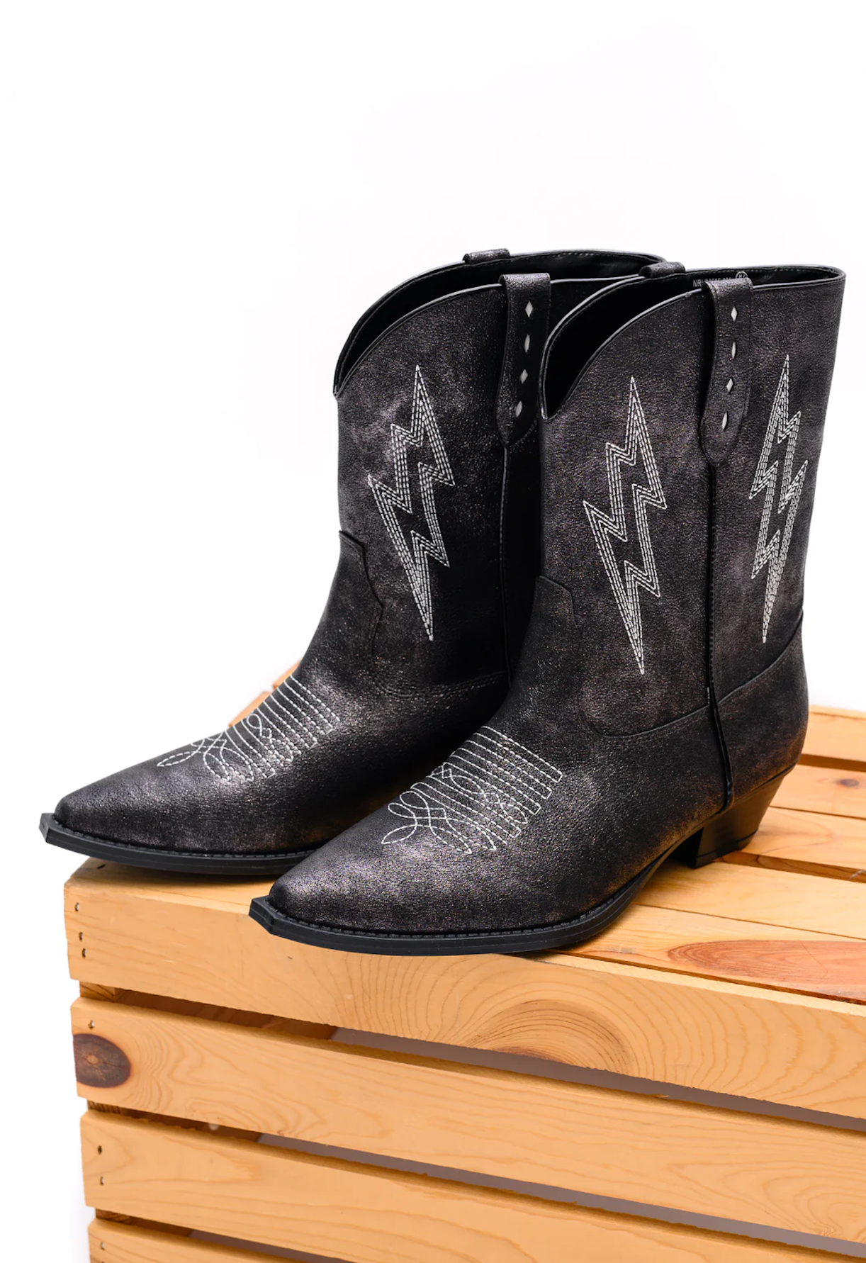 Bowie Metallic Boots – Black, Lightning Bolt Embroidery, Western Style