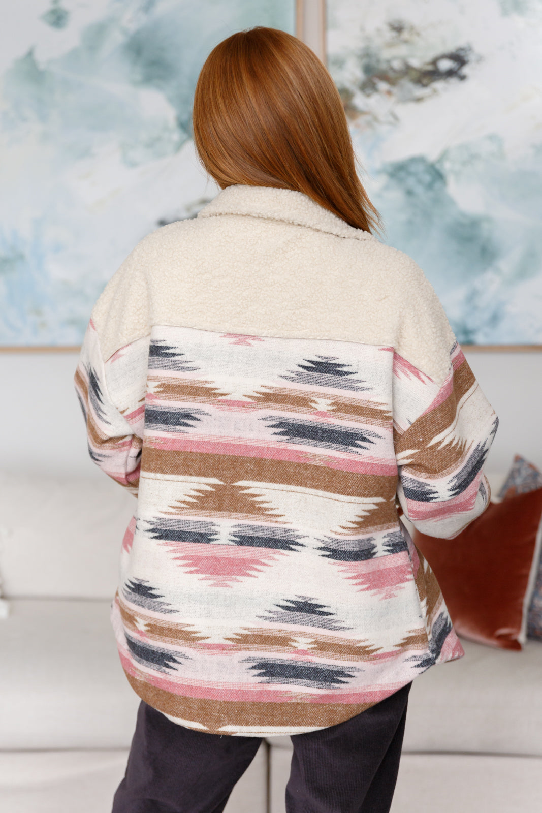 Back view of Sedona Sunset Shacket highlighting Aztec pattern and collared neckline.