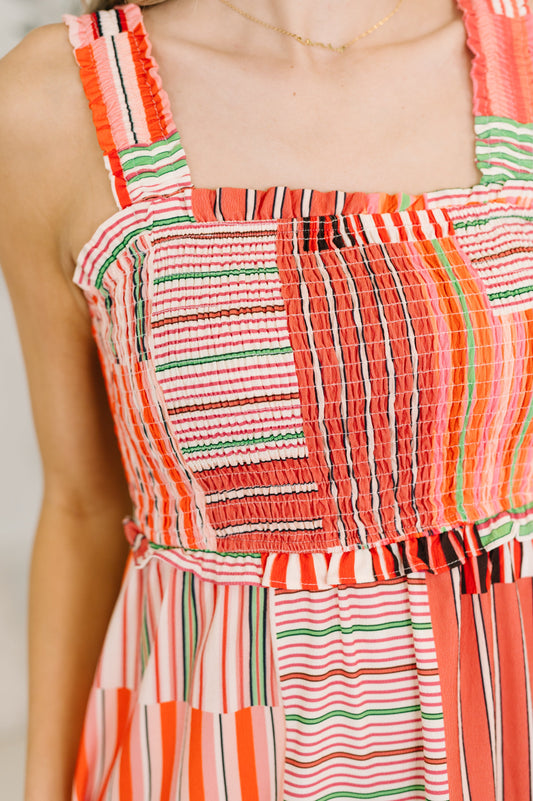 Close up of Senia Wide Strap Tiered Dress crinkle knit texture and ruffle detail.