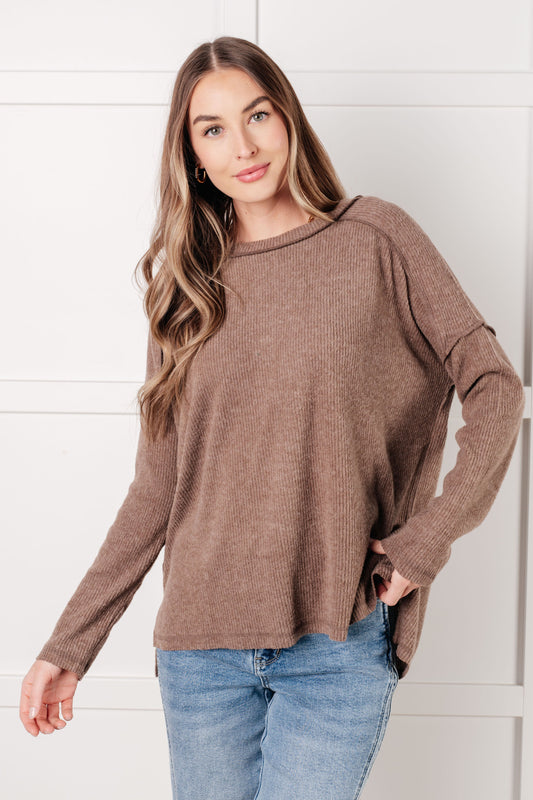 Front view of Simon Ribbed Hacci Sweater in mocha with banded round neckline and drop shoulder design.