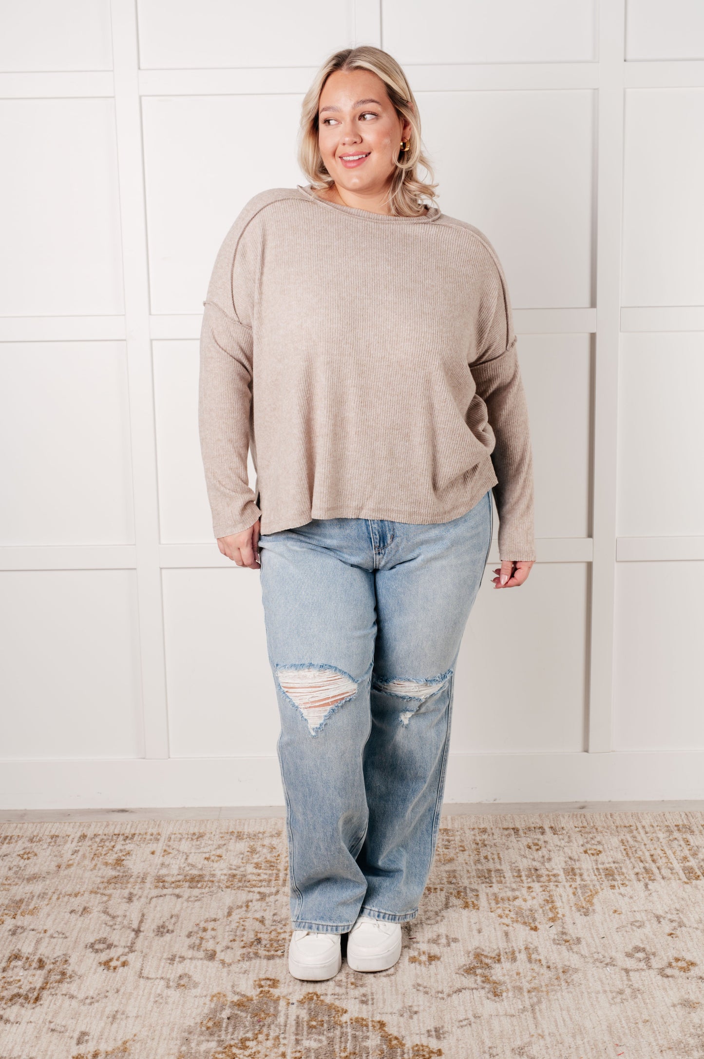 Plus size full body view of Simon Ribbed Hacci Sweater styled with jeans, cozy brushed hacci finish.