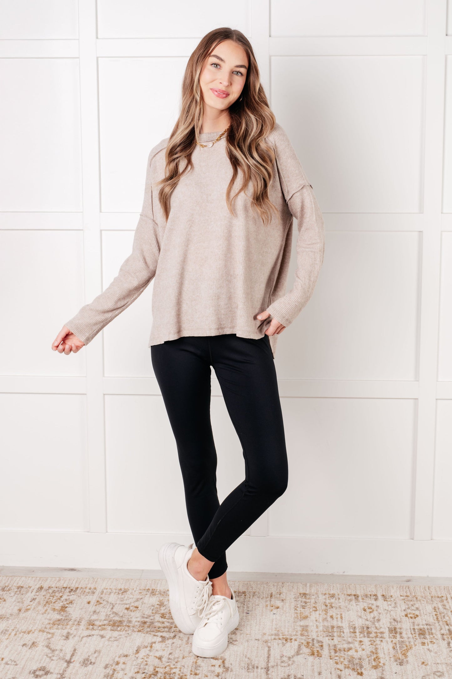 Model wearing Simon Ribbed Hacci Sweater in mocha with cozy brushed fabric and casual styling.