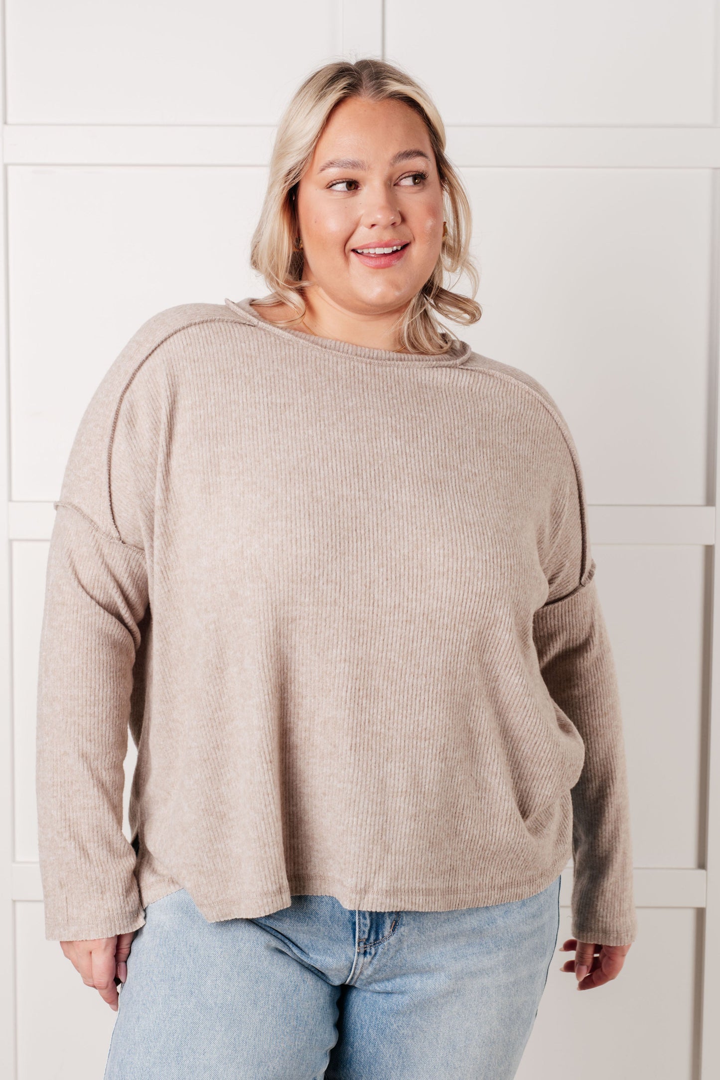 Plus size front view of Simon Ribbed Hacci Sweater in mocha with relaxed drop shoulders and ribbed design.