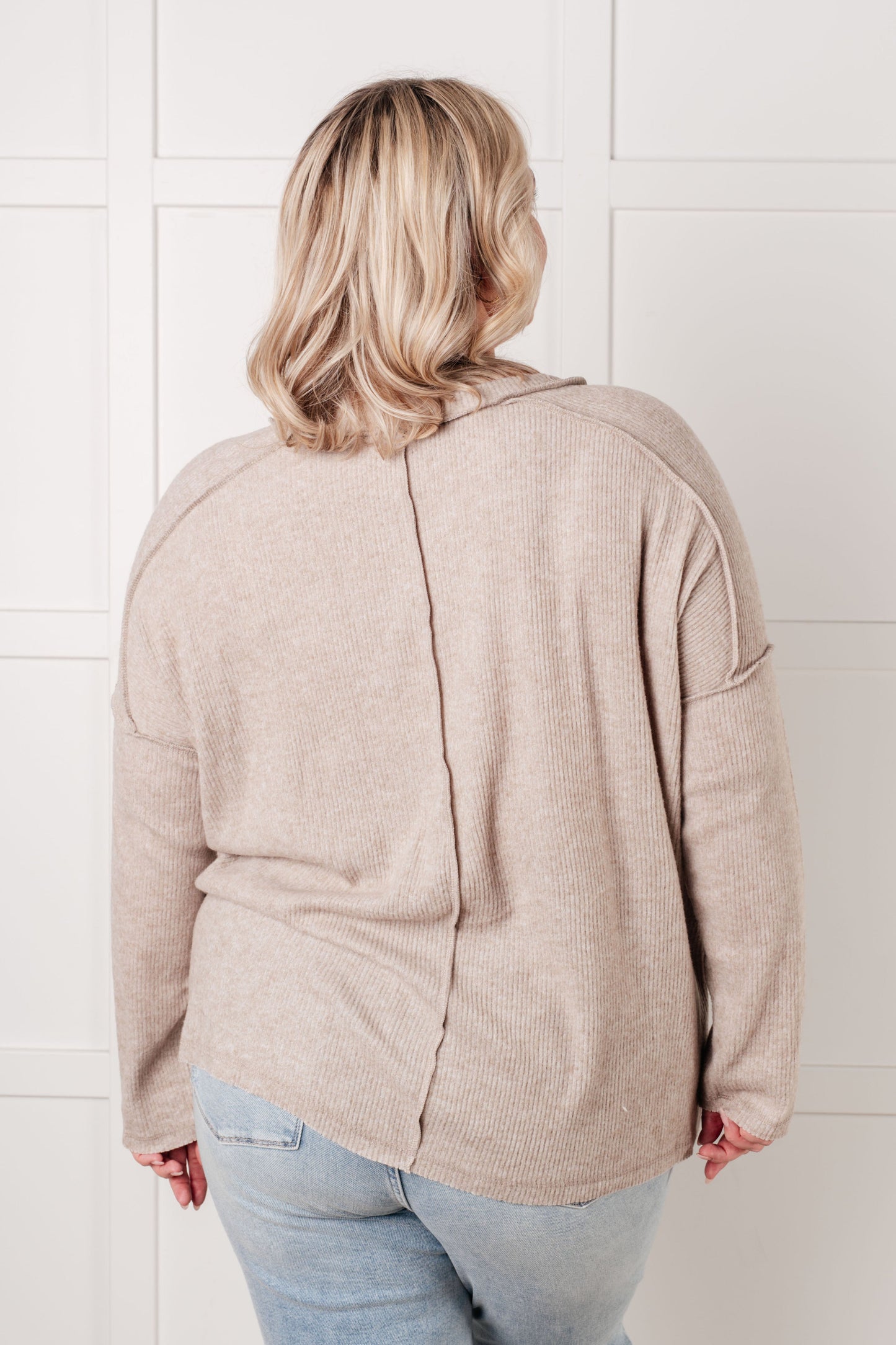 Plus size back view of Simon Ribbed Hacci Sweater in light mocha with long sleeves and easy layering fit.