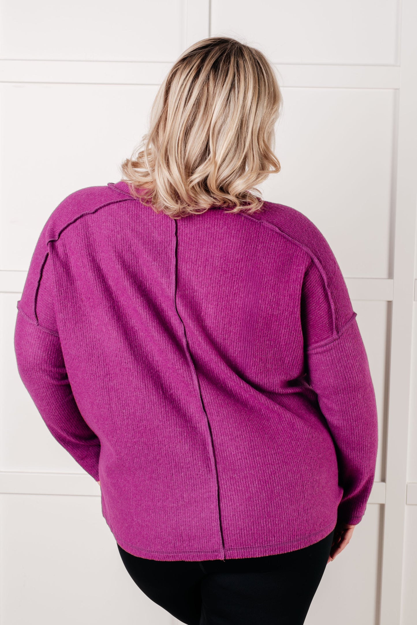 Back view plus size Simon Ribbed Hacci Sweater in plum with ribbed brushed hacci soft fabric.