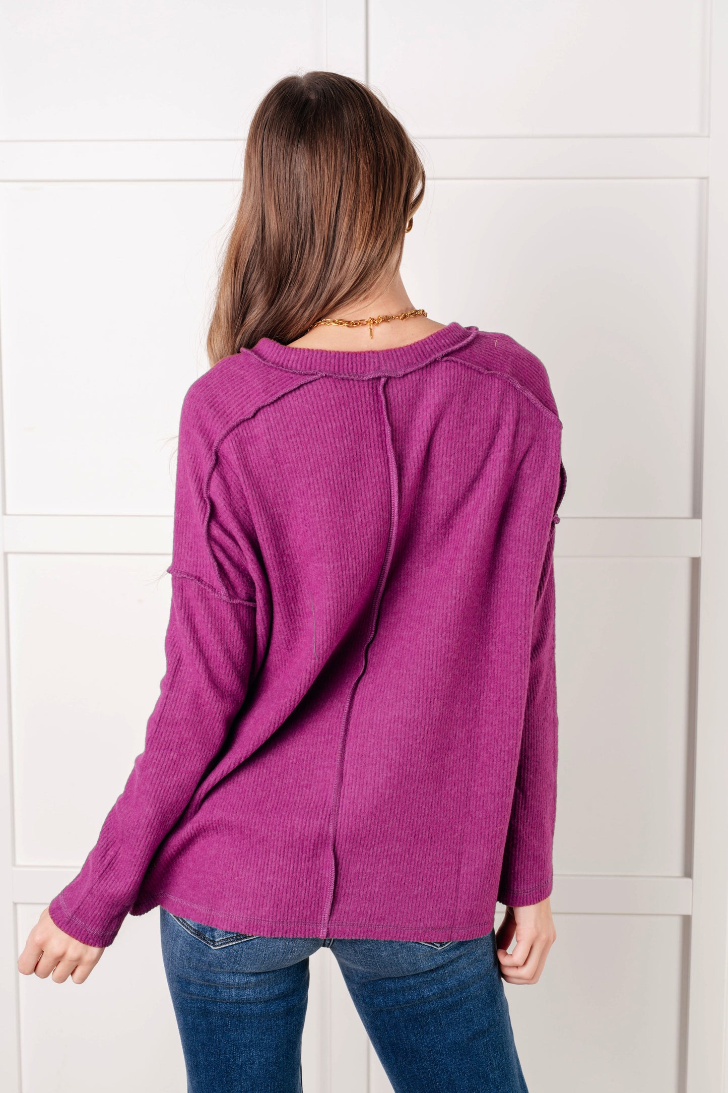 Back view of Simon Ribbed Hacci Sweater in plum brushed hacci with relaxed banded neckline.
