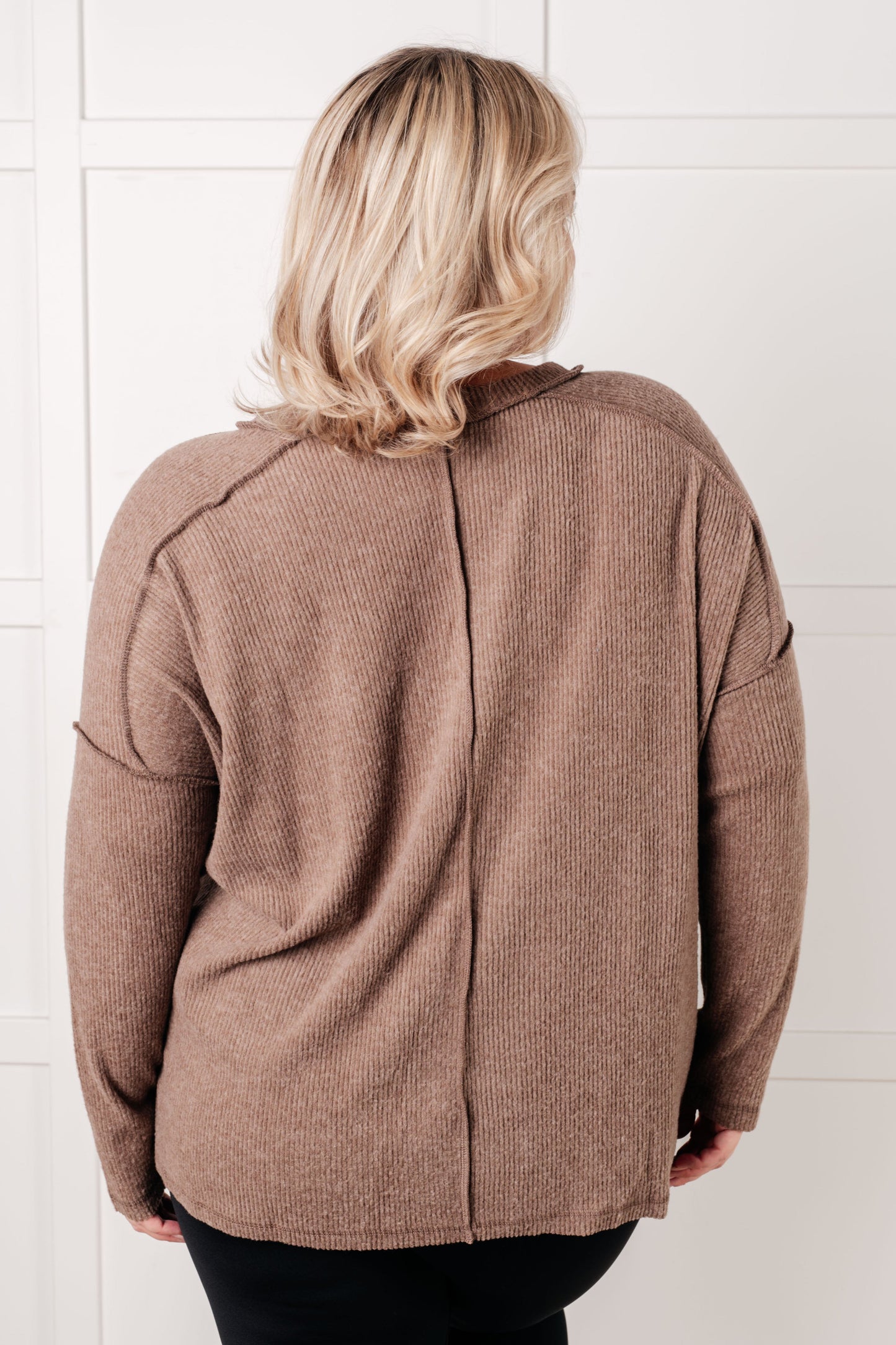 Plus size back view of Simon Ribbed Hacci Sweater in mocha with ribbed texture and drop shoulder detail.