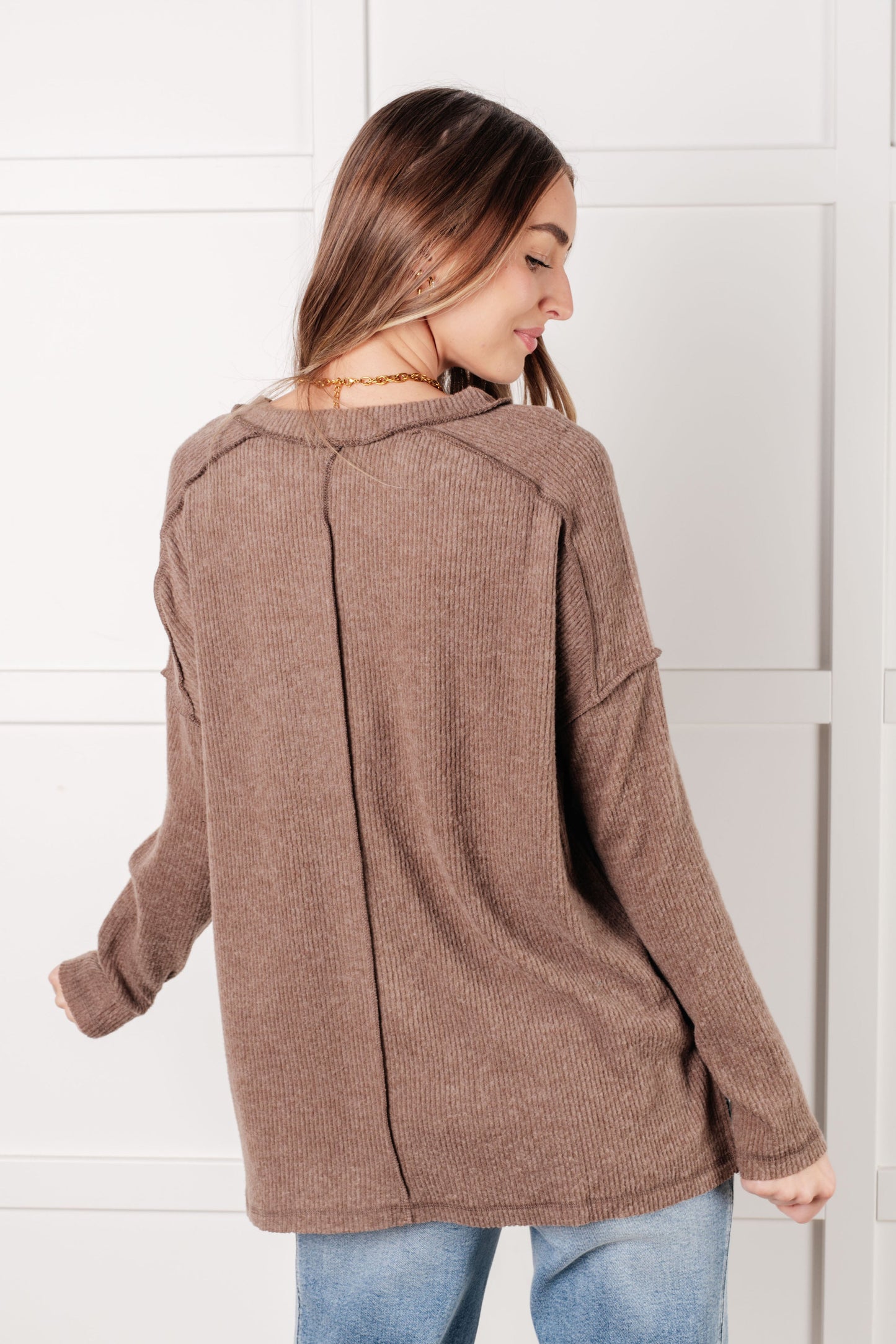 Back view of Simon Ribbed Hacci Sweater in mocha highlighting ribbed texture and casual drop shoulder style.