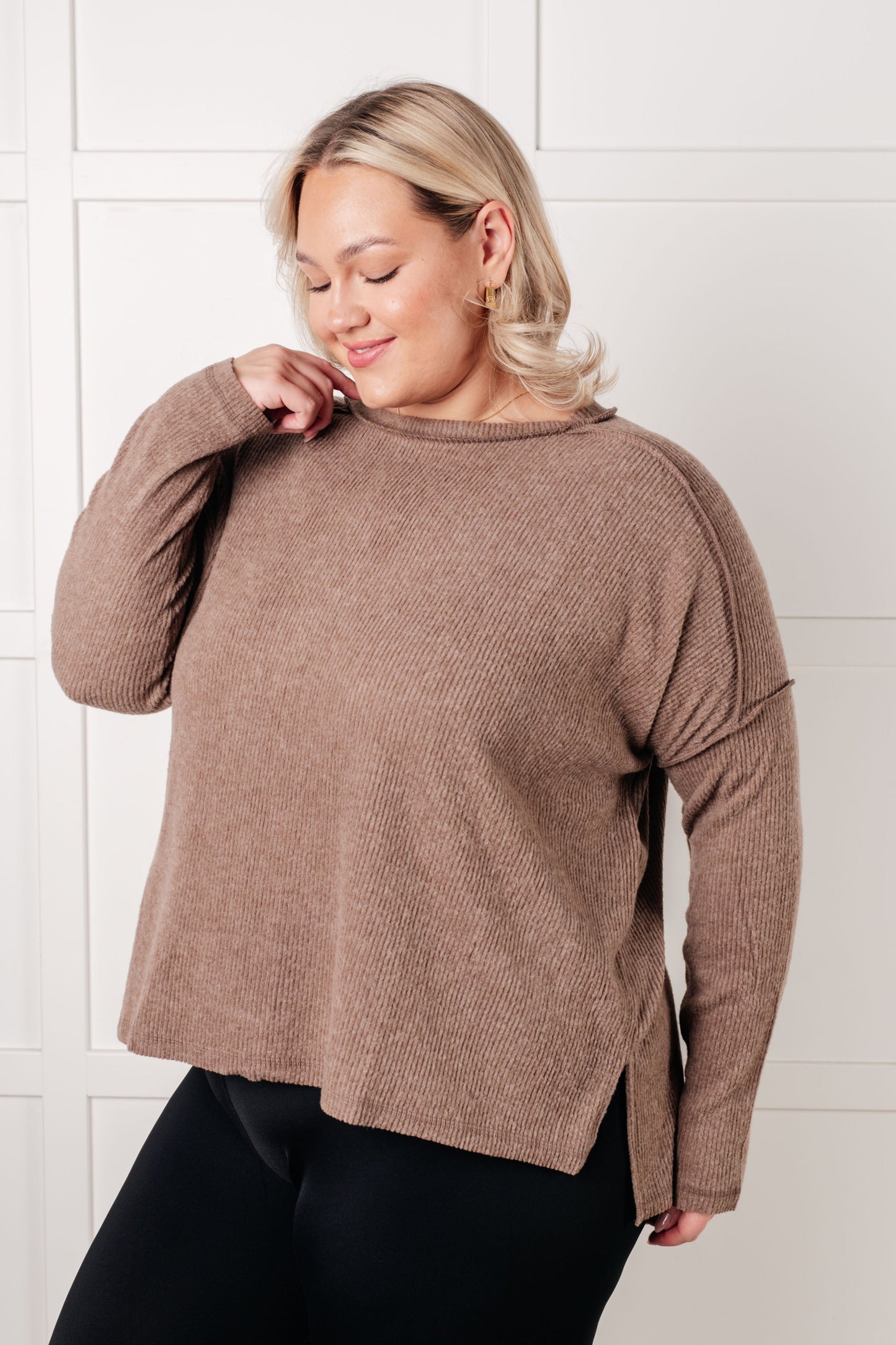 Plus size side view of Simon Ribbed Hacci Sweater in mocha showing exposed seams and flattering relaxed fit.