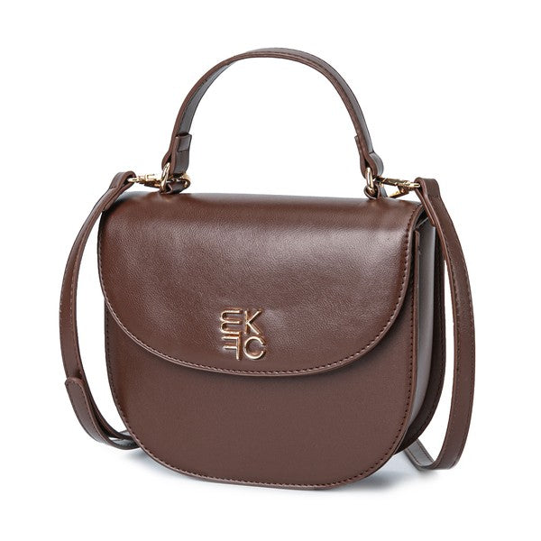 Brown Heloise Crossbody with smooth vegan leather, gold hardware, and detachable strap.