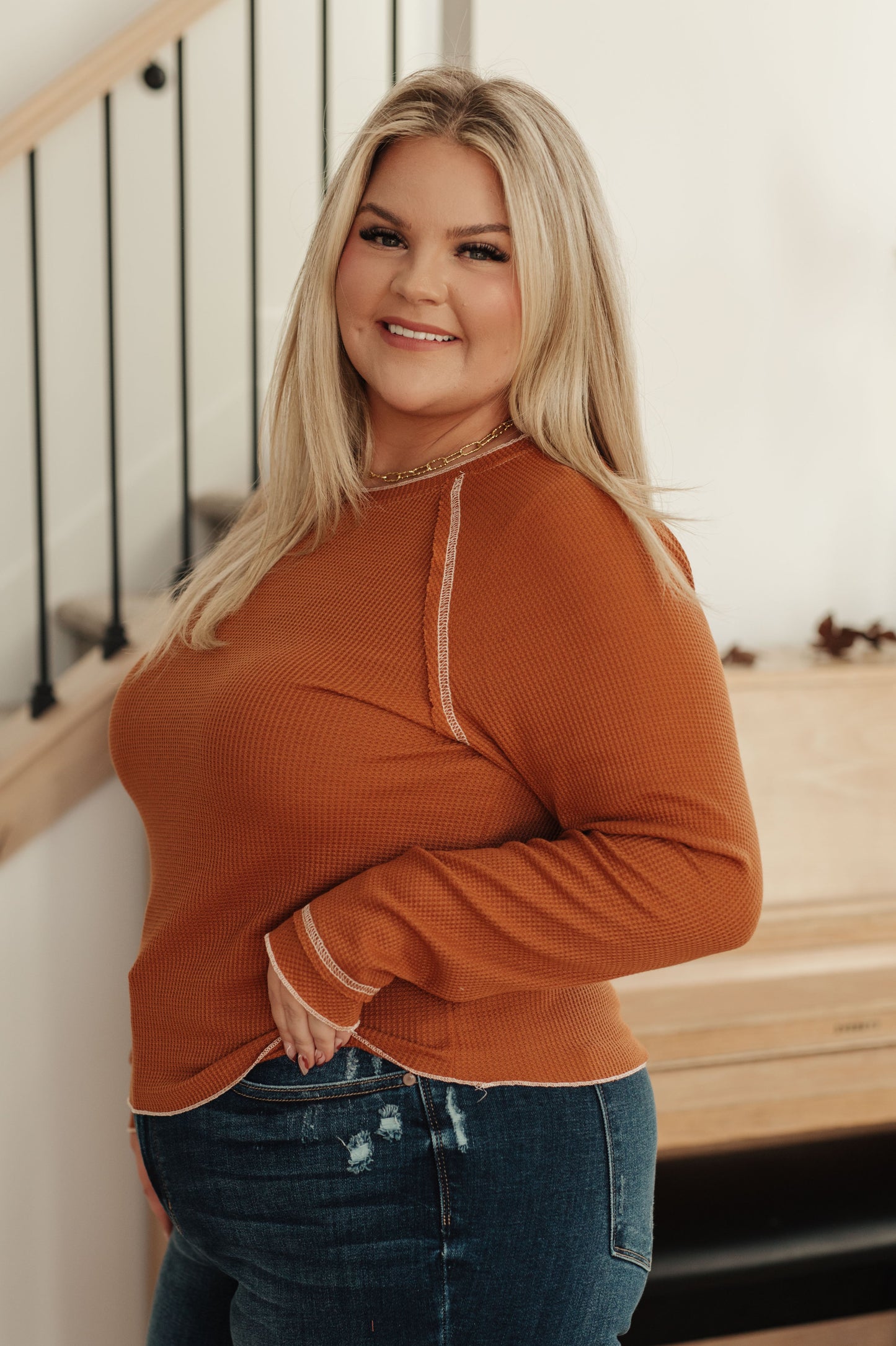 Plus size side view of Joanna Waffle Knit Top in camel