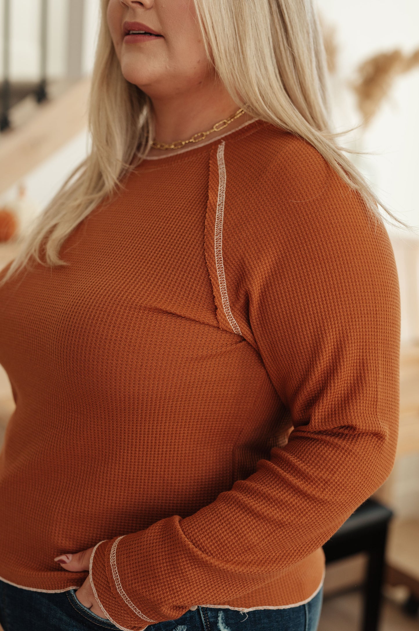 Close up front view of Joanna Waffle Knit Top highlighting seams