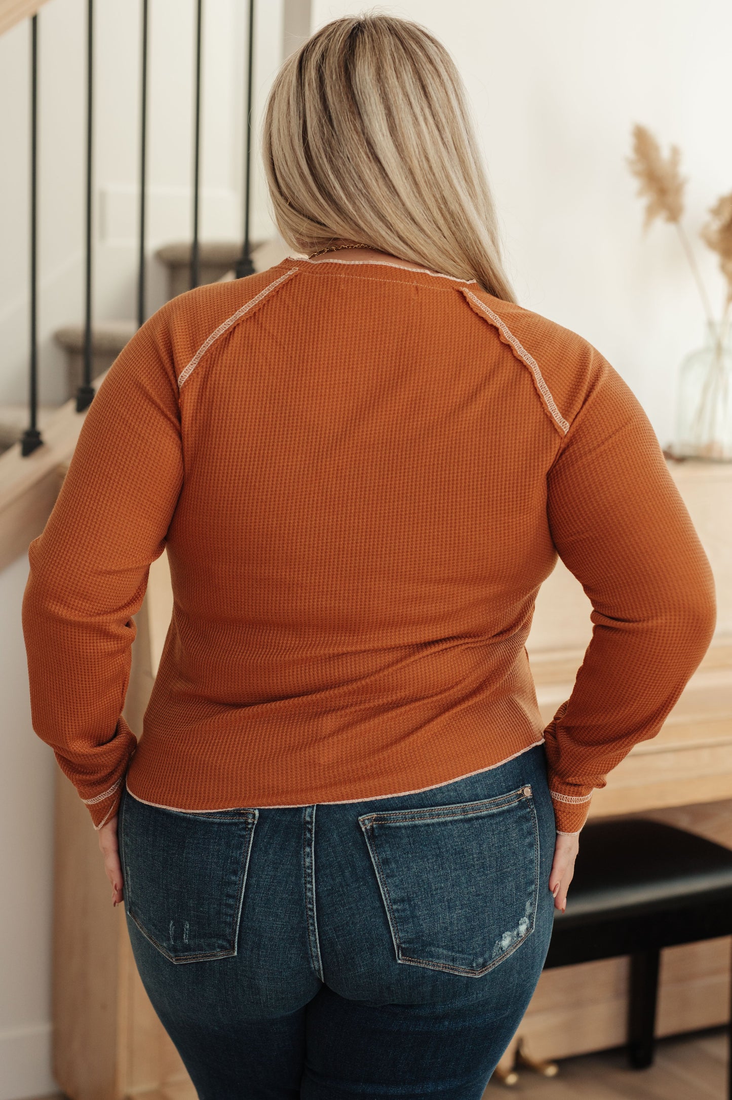 Plus size back view of Joanna Waffle Knit Top with contrast stitching