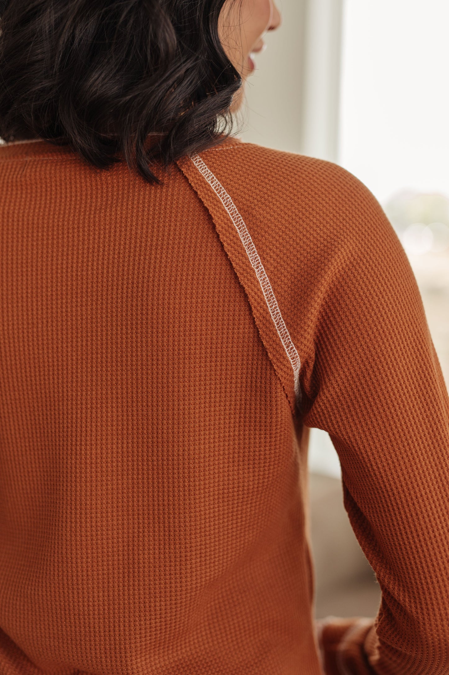 Close up back view of Joanna Waffle Knit Top showing contrast stitching