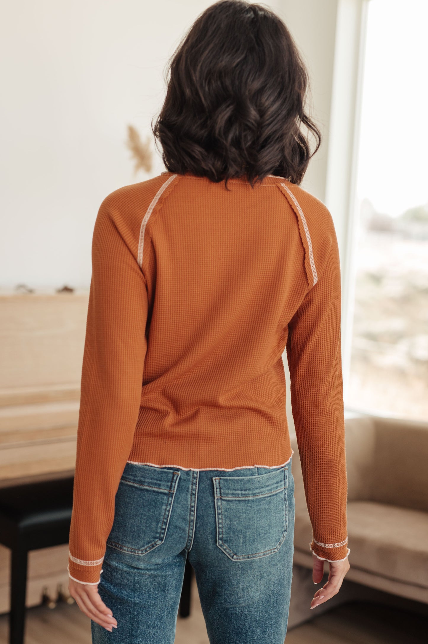 Back view of Joanna Waffle Knit Top with waffle knit texture