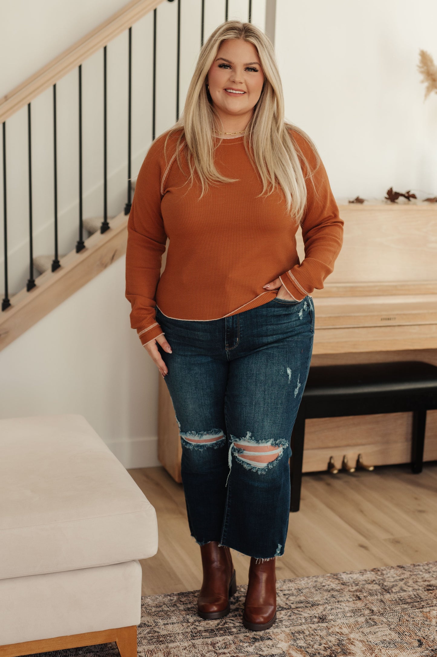 Plus size full body view wearing Joanna Waffle Knit Top with jeans