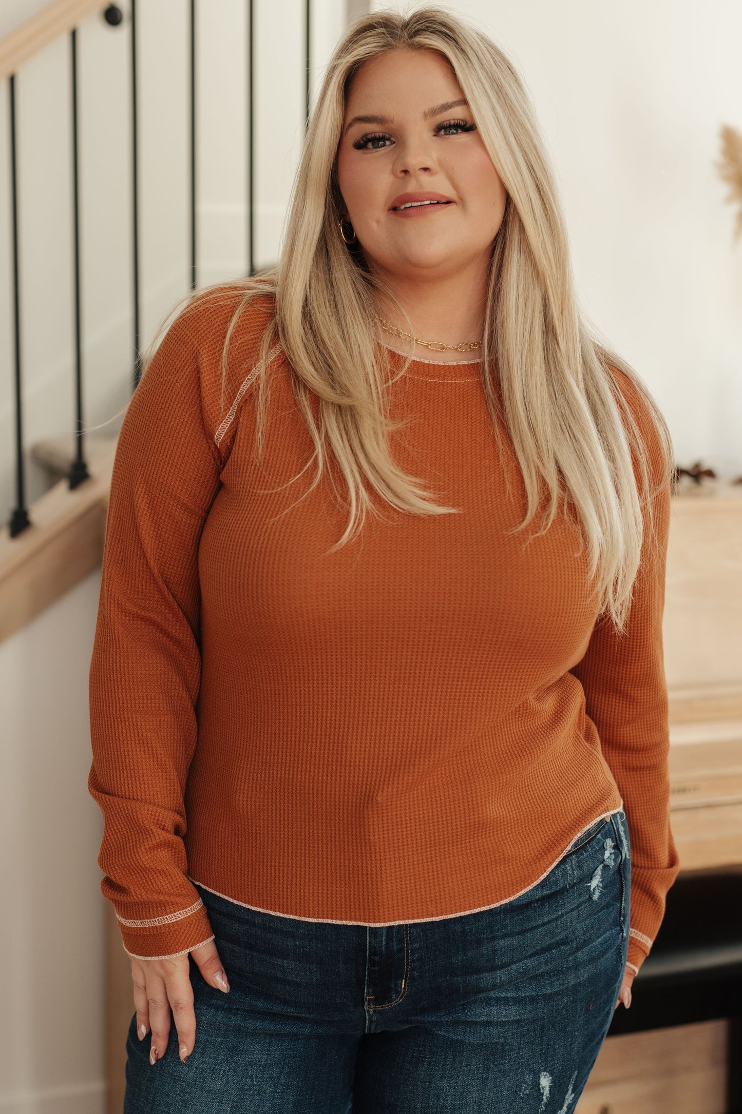 Plus size front view of Joanna Waffle Knit Top in camel with exposed seams