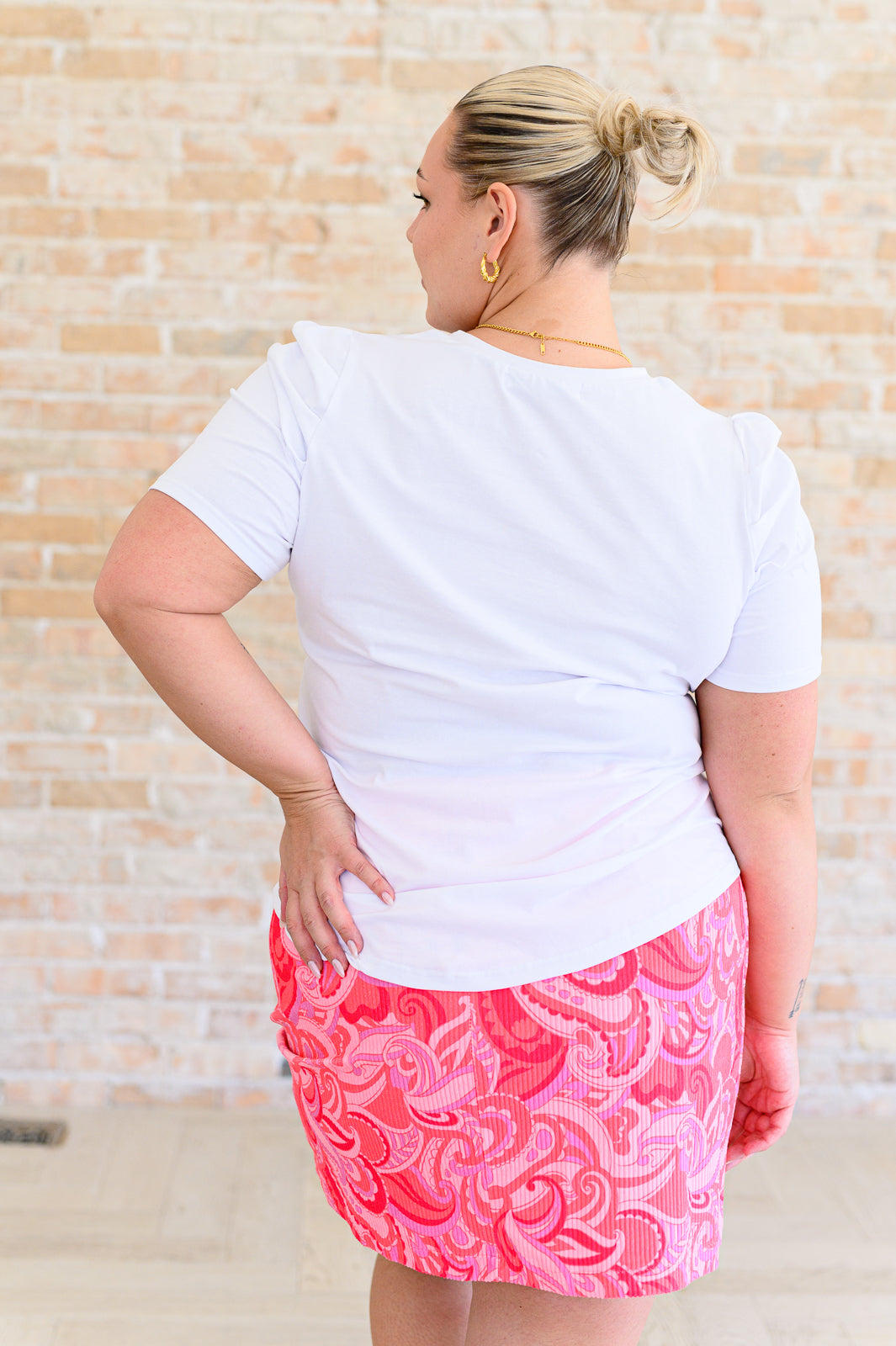 Stuti Puff Sleeve Tee back view, white jersey knit cotton blend with gathered sleeve design
