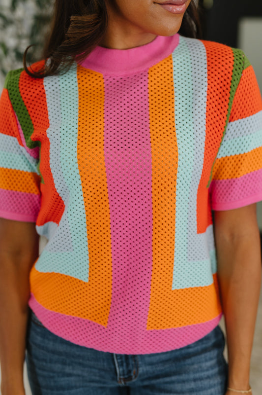 Close-up of Blyss Knit Top showing textured sweater knit and bold stripe detail.