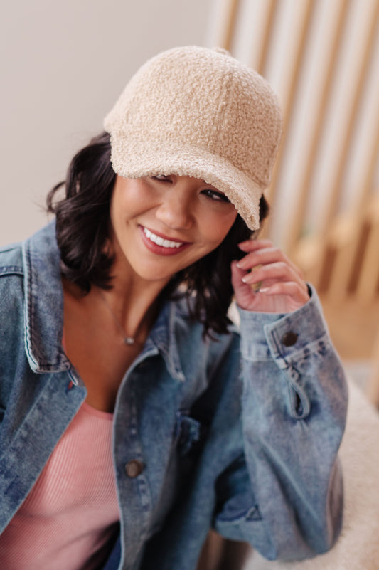 Cream Lyla Sherpa Ball Cap, boucle sherpa fleece fabric, shown at front angle with cozy texture and classic dad hat design.
