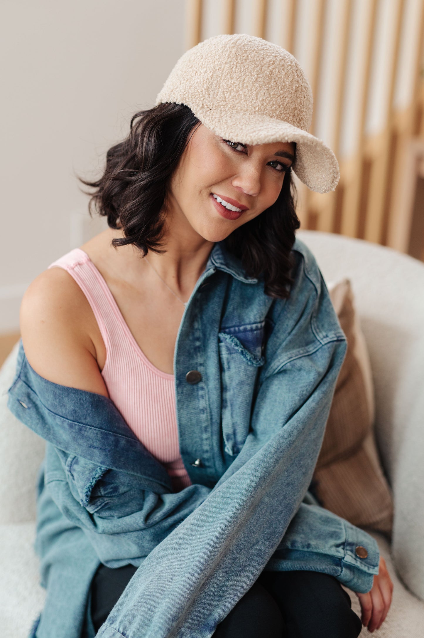 Cream Lyla Sherpa Ball Cap shown from side angle with boucle fleece finish, curved brim, and timeless dad hat silhouette.