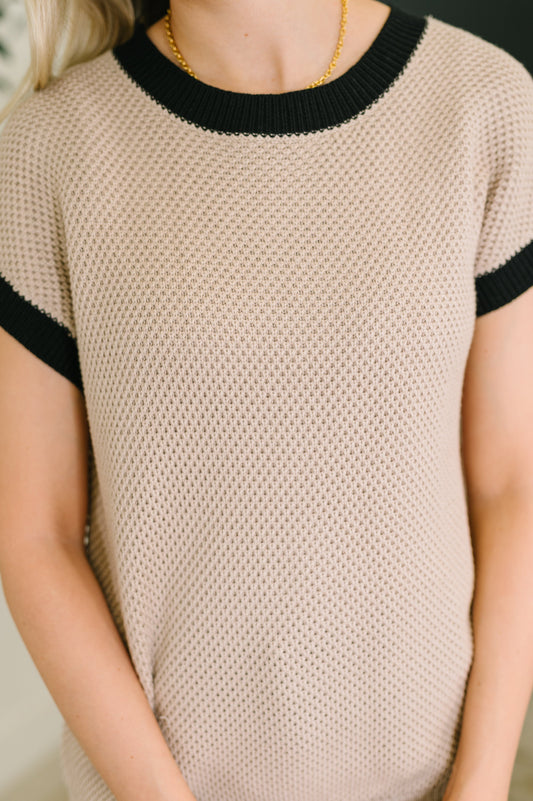 Close up of Fern Sweater showing knit texture and ribbed neckline detail