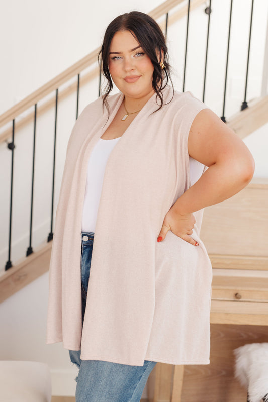 Plus size front view of cream Priscilla Cardigan with open front, sleeveless fit, and shawl collar detail.