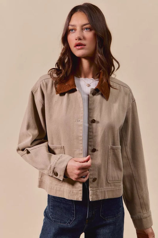 Front view of Suri Cotton Twill Cropped Barn Jacket showing button closure and chest pockets.