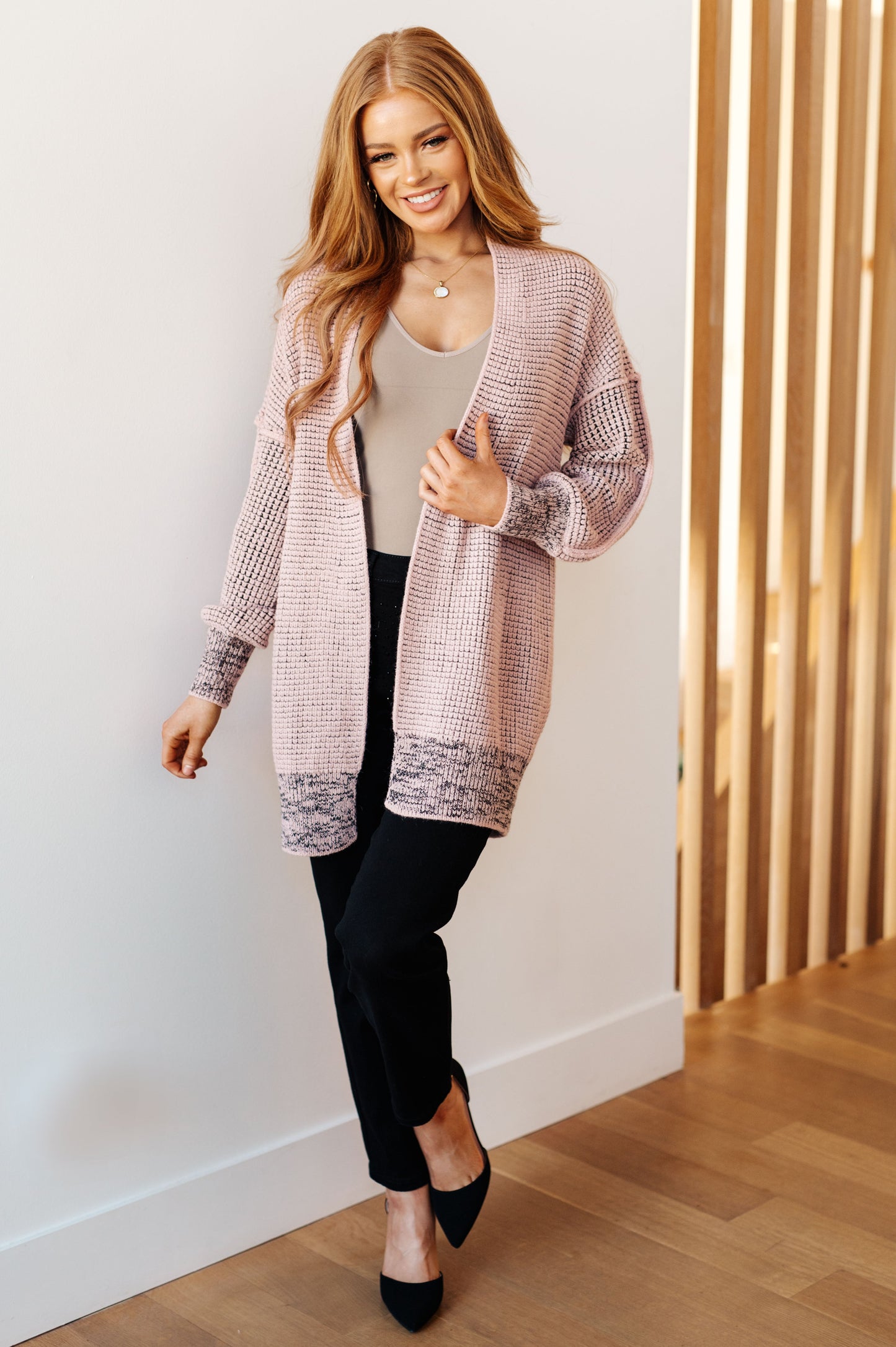 Model full body view of Ginni Mauve Cardigan, casual layering with shawl collar