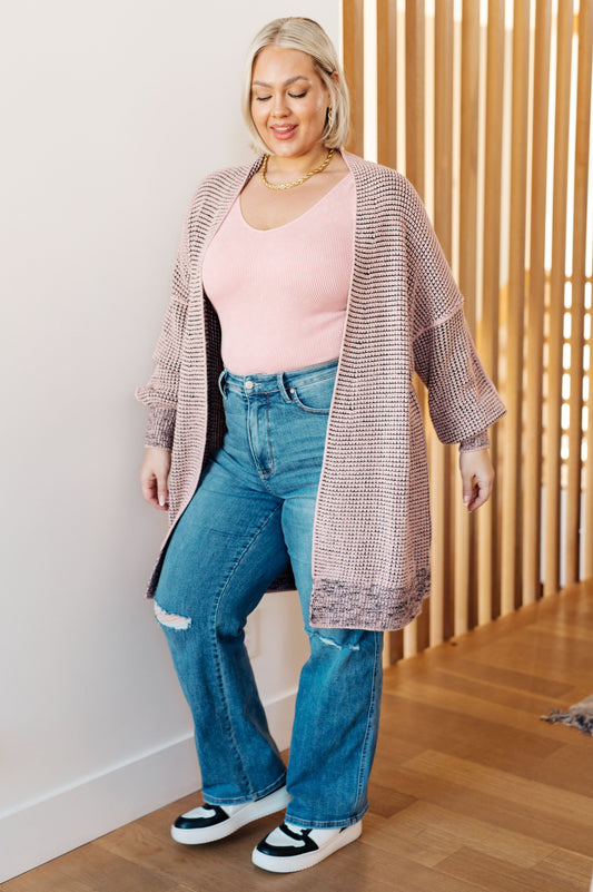 Plus size model full body view in Ginni Mauve Cardigan, draped shawl collar and open front