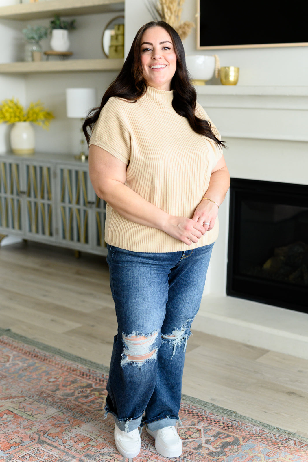 Plus size full body view of Lil Mock Neck Sweater in oatmeal with mock neckline, short sleeves, and relaxed fit.