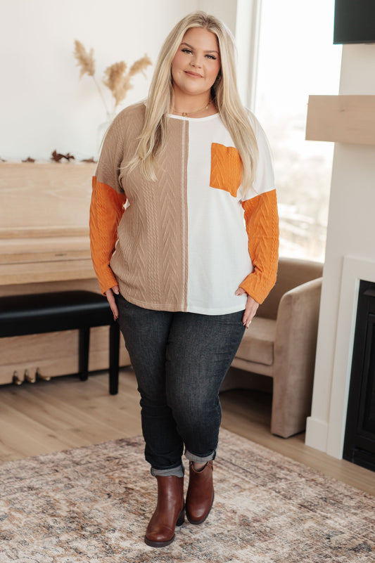 Plus size full body view of Cleo Colorblock Top with patch pocket