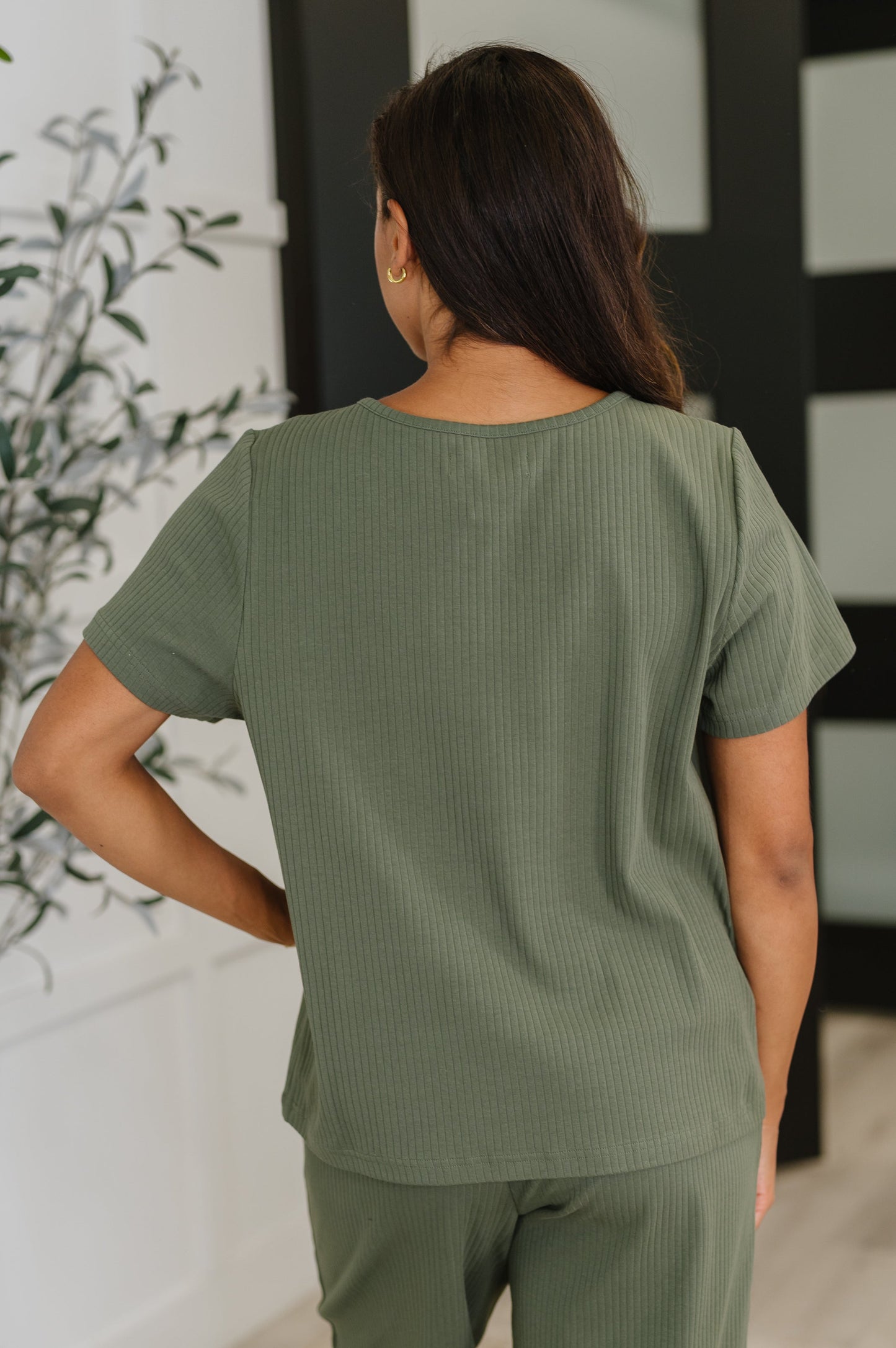 Thyme Boxy Tee in Dusty Pine back view with ribbed knit texture and relaxed drape