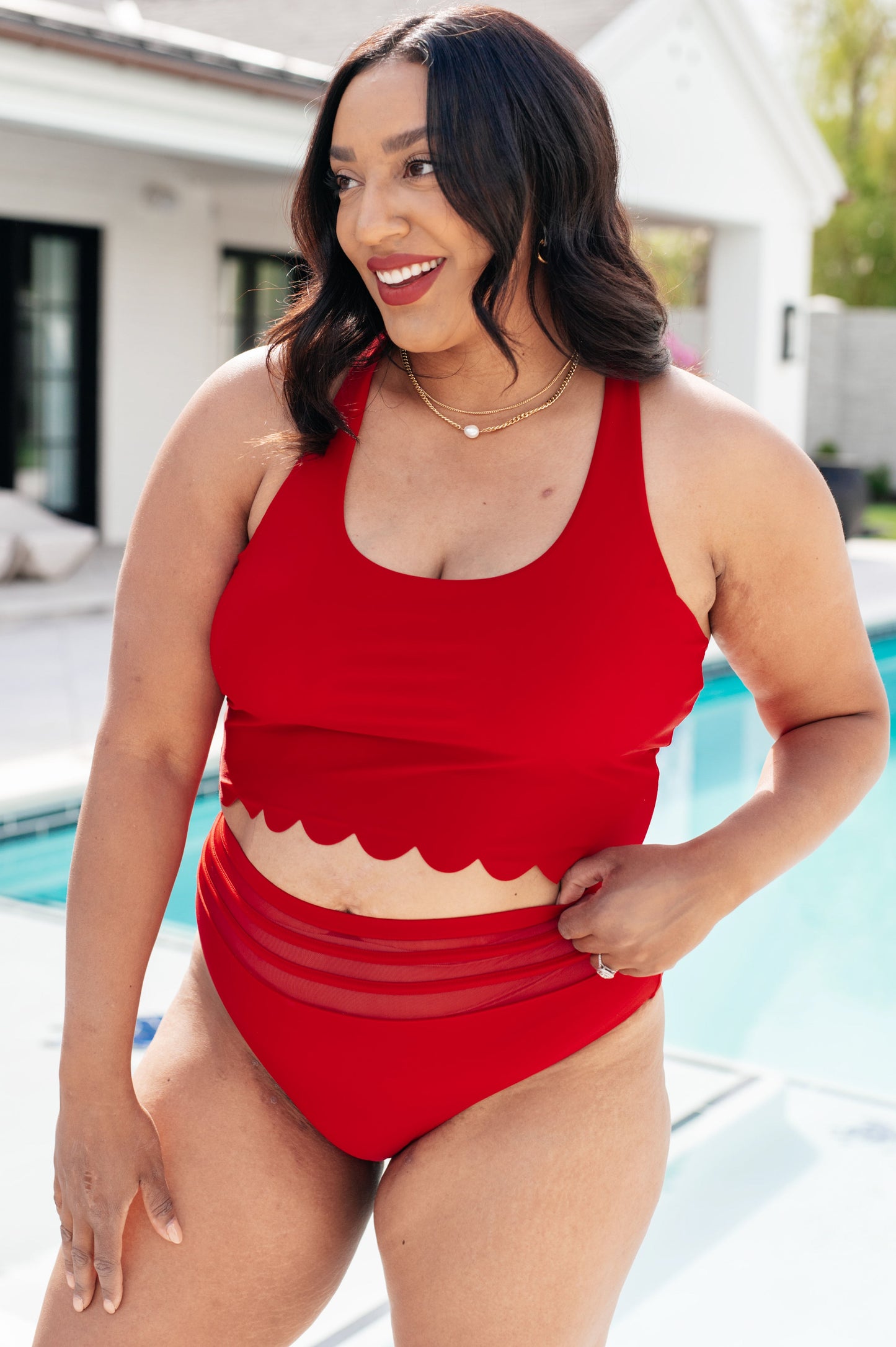 Tonga Scalloped Swim Top - Round Neckline, Criss-Cross Straps, Removable Cups