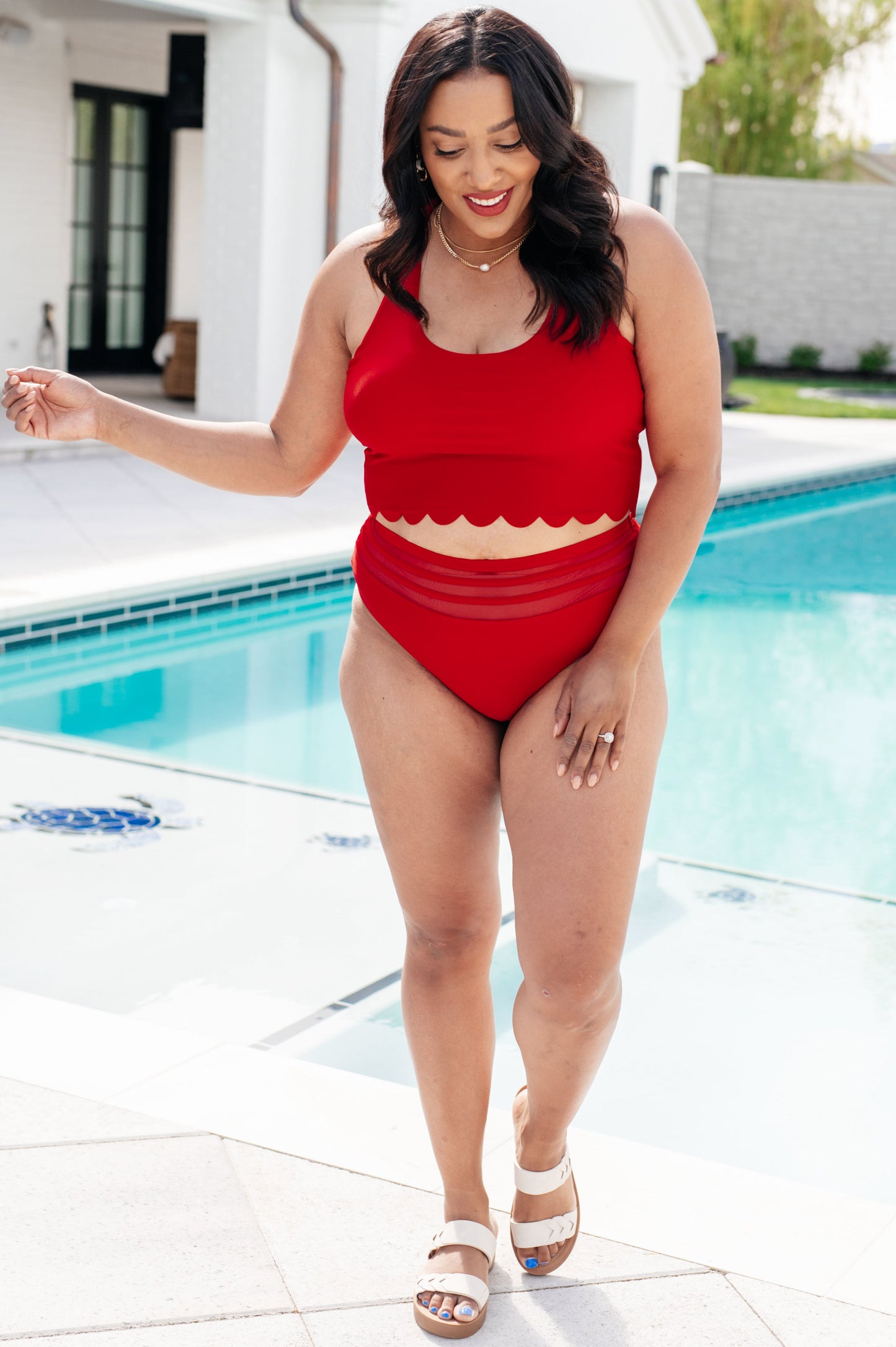 Red high-waisted Tonga Swim Bottoms featuring a sheer mesh waistband, full lining, and a supportive, stylish design for poolside confidence.