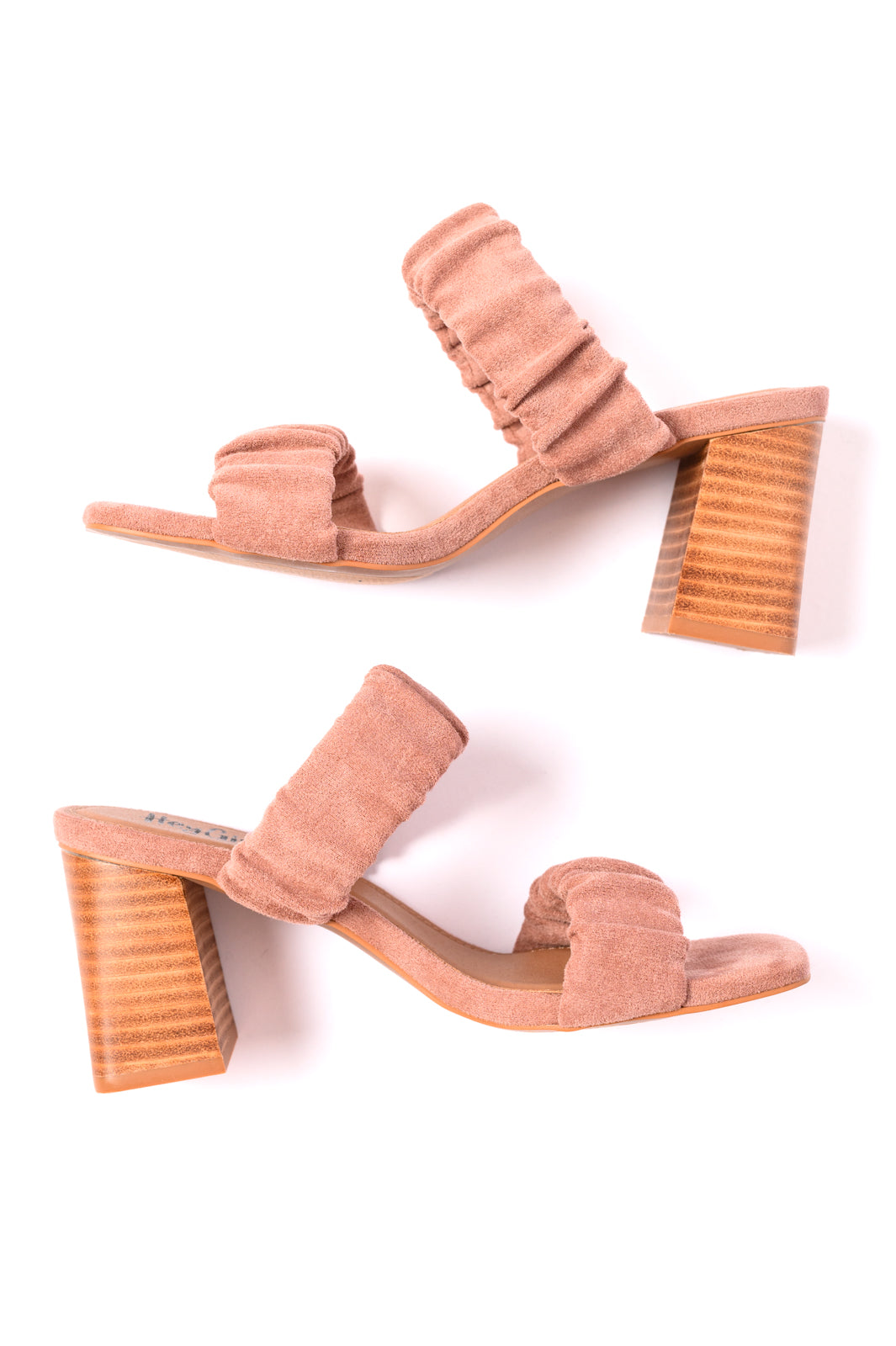 Side view of blush suede Palesa heels with scrunchy strap and 3-inch block heel.
