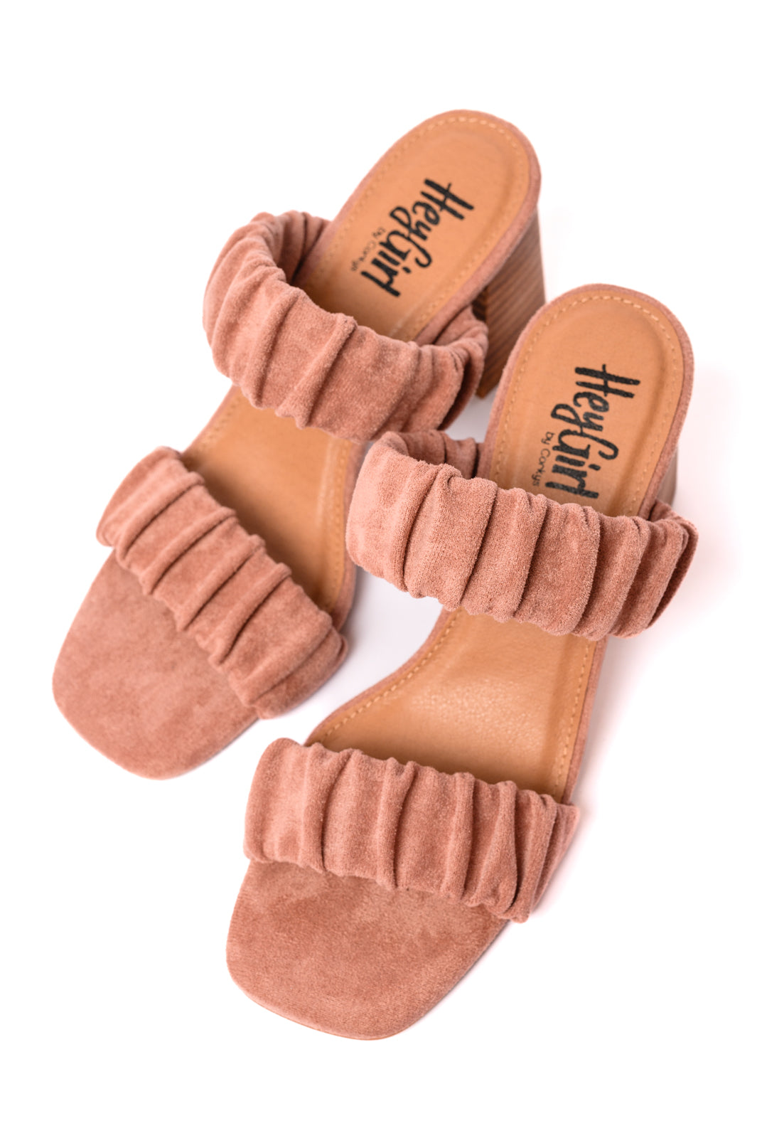 Top view of blush suede Palesa heels with open square toe and ruched scrunchy strap detail.