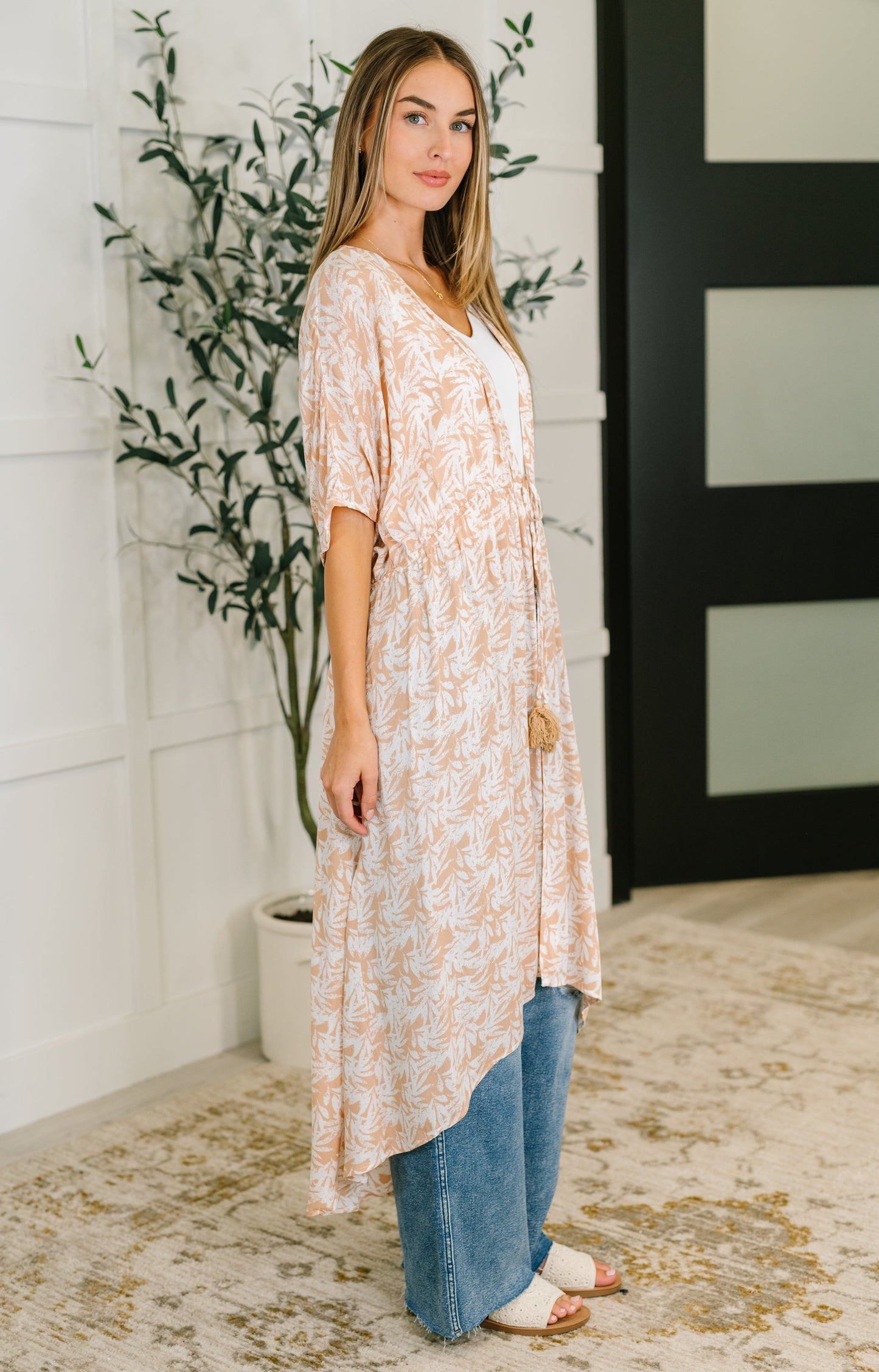 Copacabana Tropical Print Gauze Kimono in Milk Tea - Textured Woven, Dolman Sleeve, Waist Tie