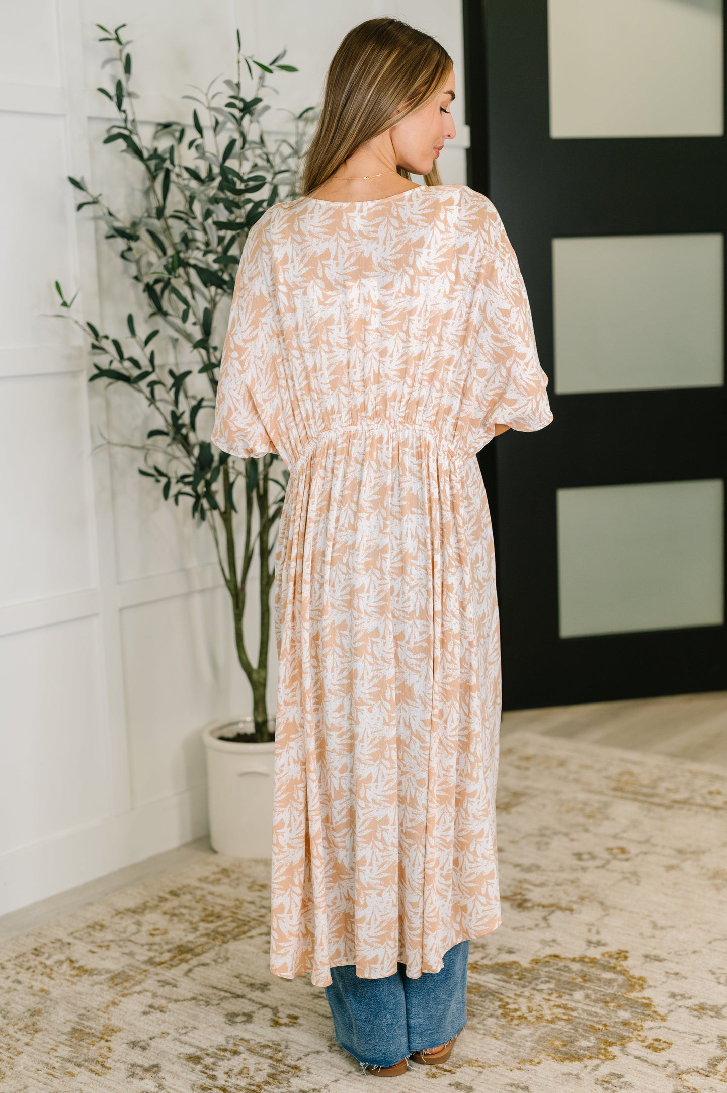 Copacabana Tropical Print Gauze Kimono in Milk Tea - Textured Woven, Dolman Sleeve, Waist Tie