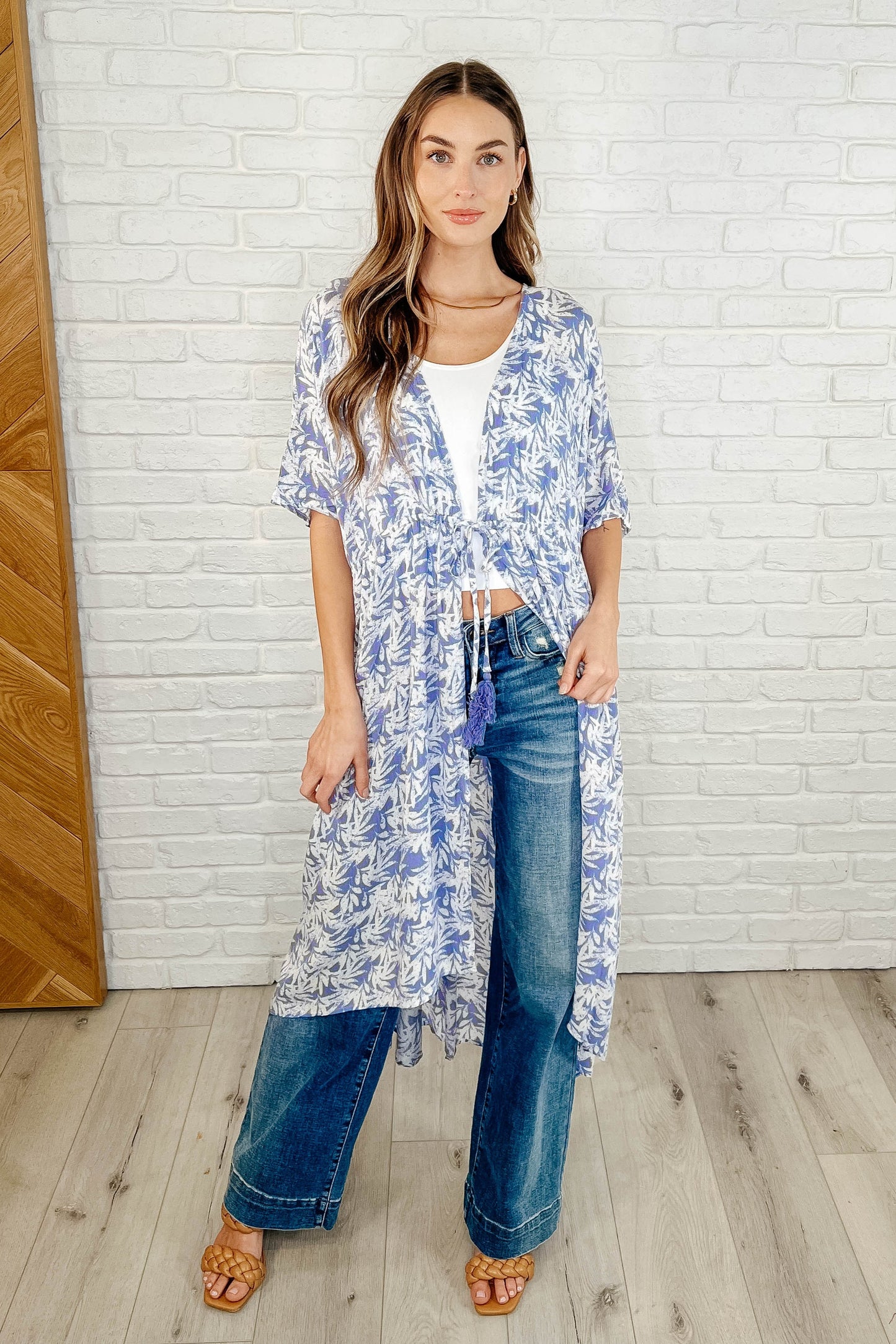 Woman in tropical print Copacabana kimono, front view summer cover-up.