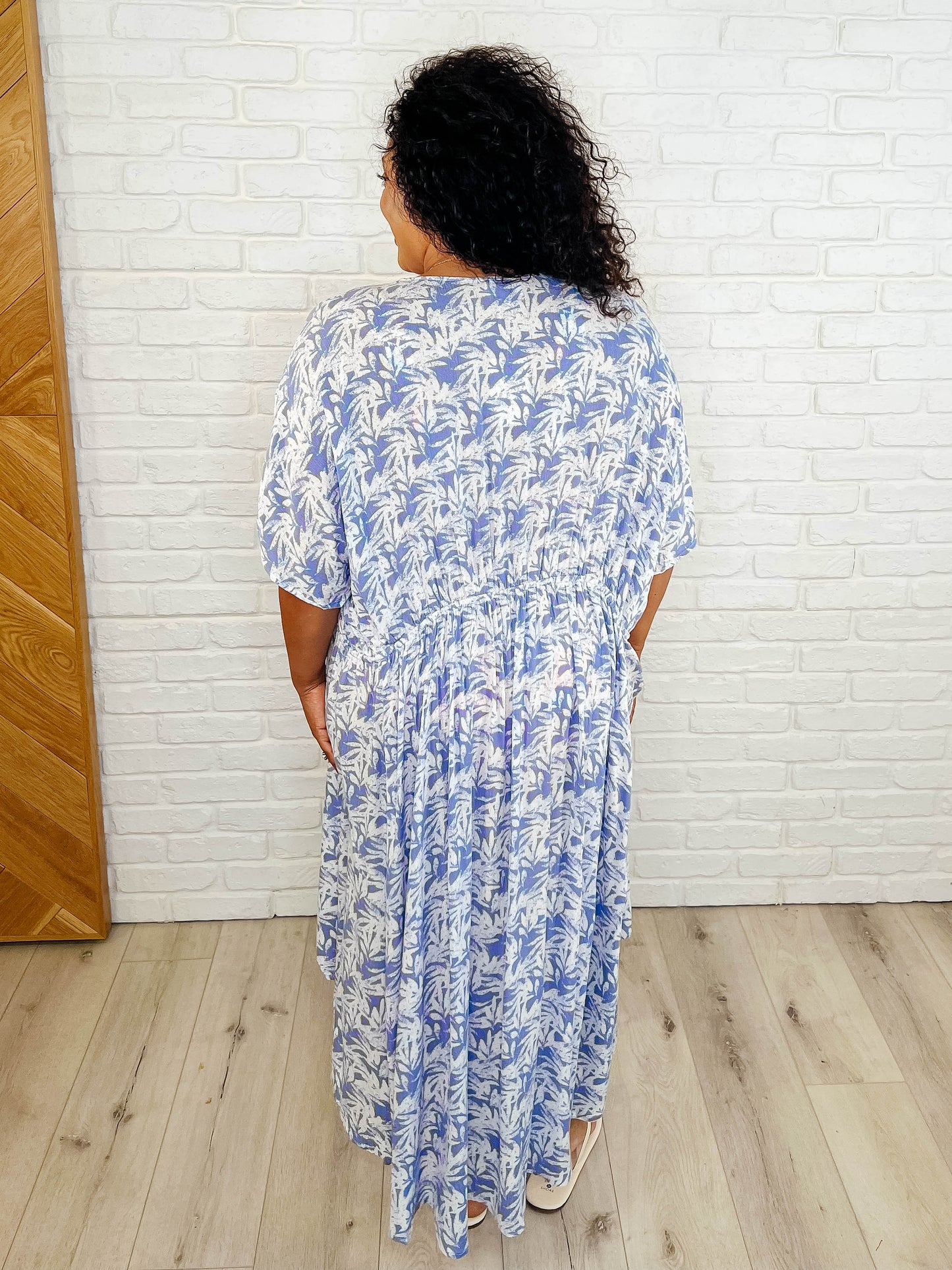 Back view plus size tropical kimono, breezy open fit for summer style.